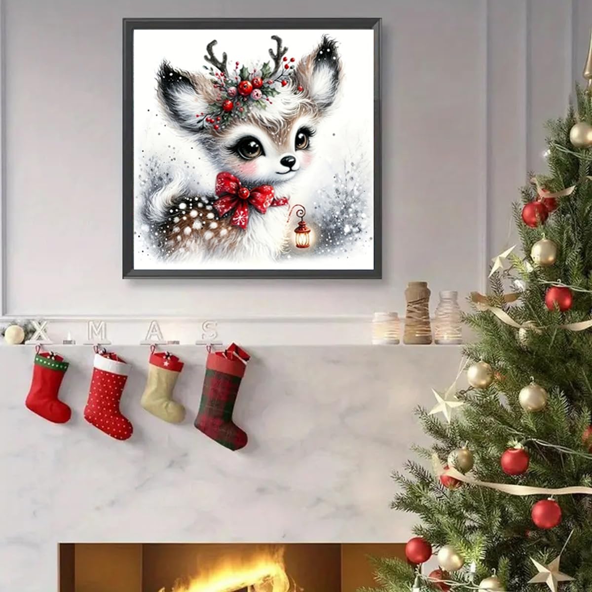 Christmas Diamond Art Kits for Adult, Xmas Deer 5D Diamond Painting Kits for Beginners, DIY Round Full Drill Winter Holiday Diamond Dot Gem Art Kits for Home Decor 12 X 12 Inch Morudeor