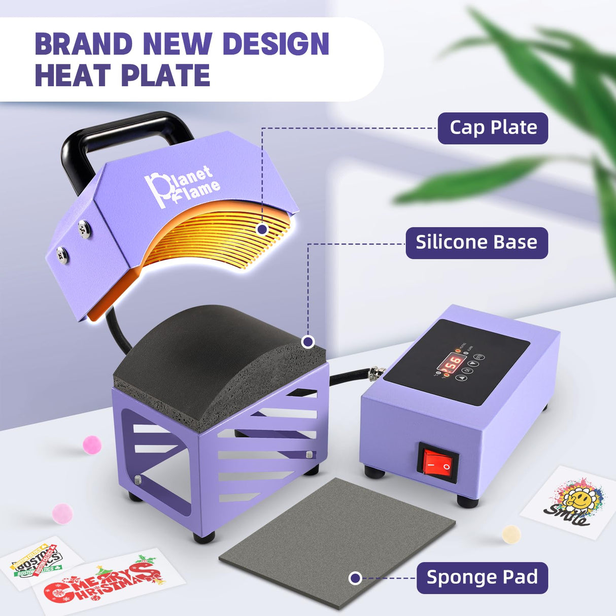 PlanetFlame Hat Press, Mini Hat Press Heat Machine for Caps Hats with 5.4" * 3.1" Curved Teflon Coated Heat Plate & Safety Base for Heat Transfer Vinyl, Sublimation and DIY Projects, Purple PlanetFlame