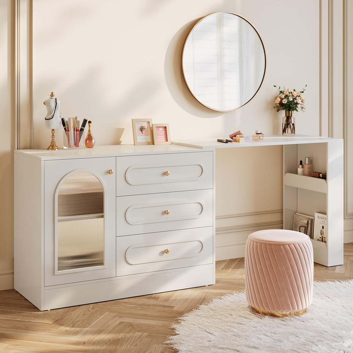 Tribesigns Extendable Vanity Desk and Dresser Combo, 78" L Shaped Vanity Table with Cabinet & 3 Drawers, Wood Dressing Table with 3 Side Shelves for Women & Girls Bedroom (Without Mirror) Tribesigns