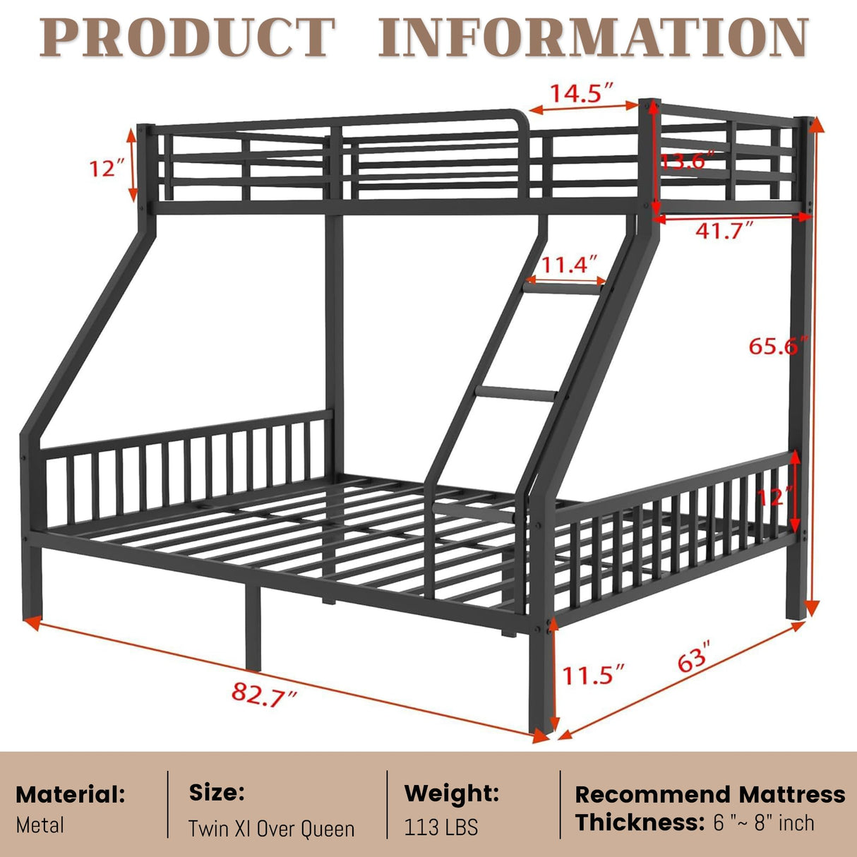 Twin XL Over Queen Bunk Beds for Adults and Teens, Heavy-Duty Metal Bunk Bed Frame with Ladder and Slats Support for Boys Girls,Space-Saving Design,Noise Reduced,Black MoproBeti