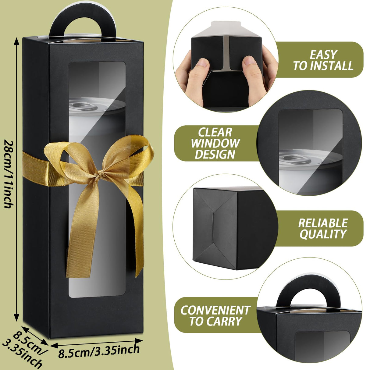 Ctosree 24 Pcs Tumbler Gift Box with Handle Gift Box for Sublimation Tumblers Heat Press Blanks Bottle clear Gift Box for Wine Bottle Cup Wrapping Packaging, 11 x 3.4 x 3.4 Inches (Black) Ctosree