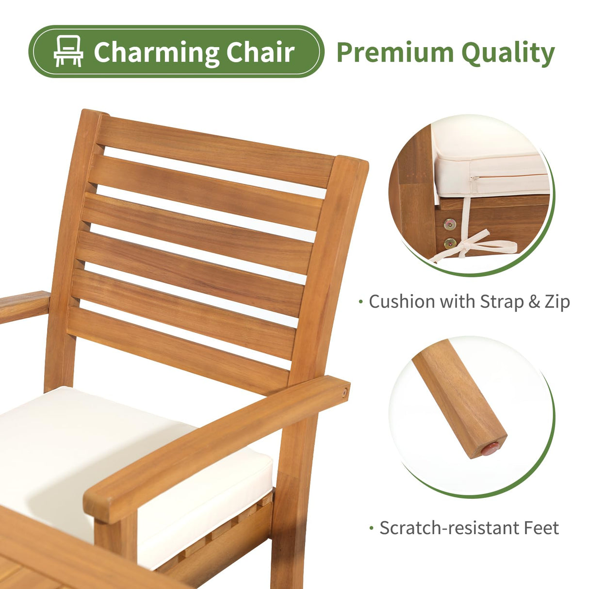 OC Orange-Casual 7 Piece Patio Dining Set, Outdoor Acacia Wood Furniture Set, Extendable Rectangular Table and 6 Stackable Chairs w/Removeable Fabric Cushion, White Cushion OC Orange-Casual