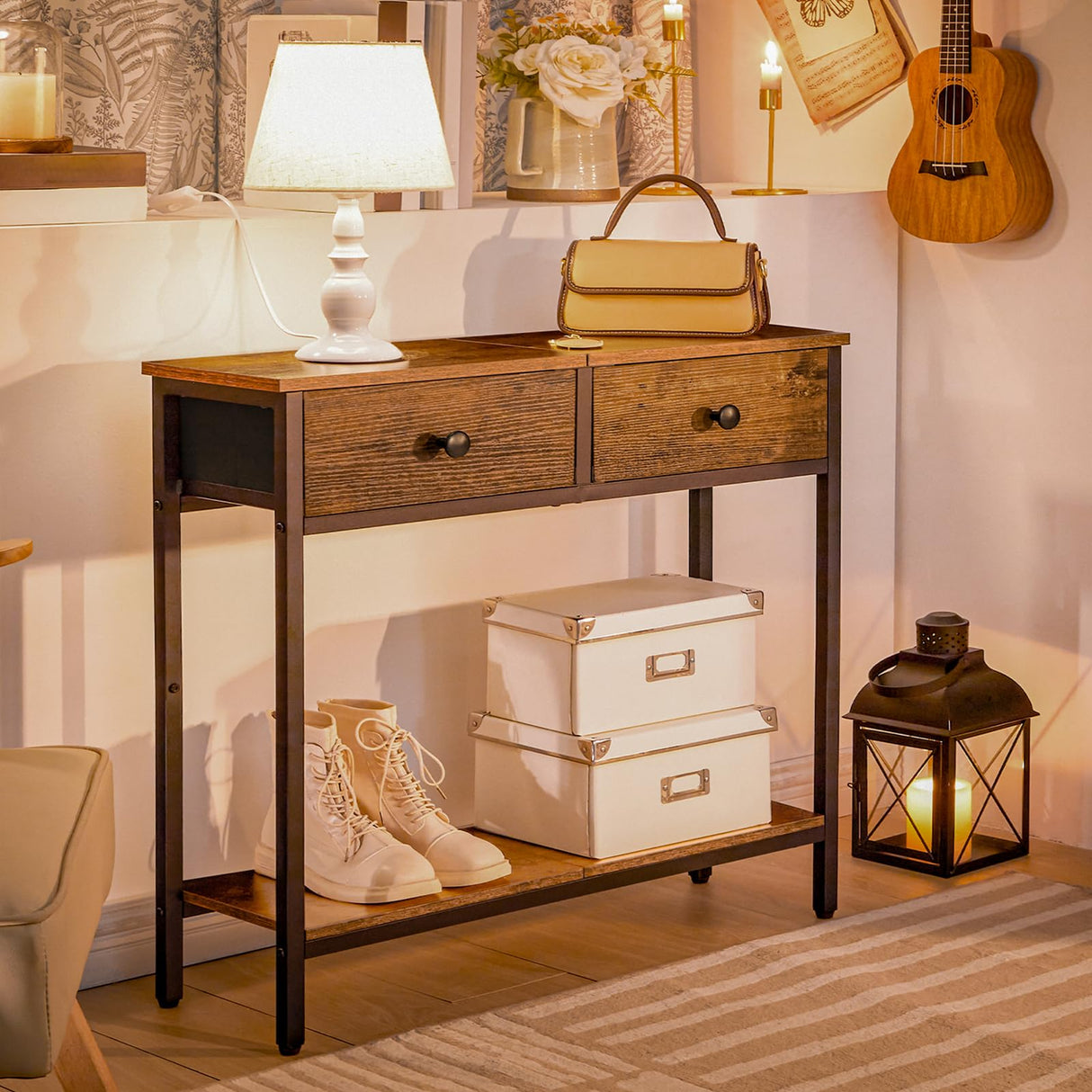 HOOBRO 29.5" Narrow Console Table with 2 Fabric Drawers, Small Entryway Table with 2-Tier Storage Shelves, Thin Sofa Table, Side Table, for Living Room, Hallway, Rustic Brown and Black BF71XG01 HOOBRO