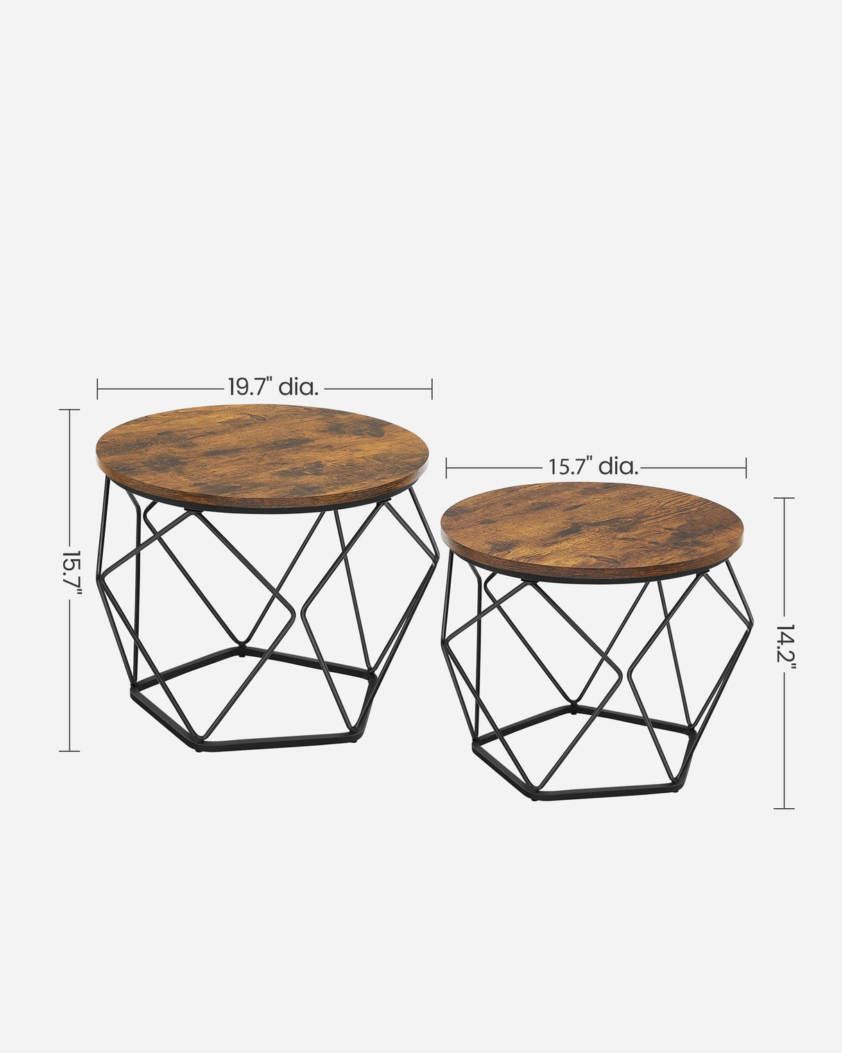 VASAGLE Small Coffee Table Set of 2, Round Coffee Table with Steel Frame, Side End Table for Living Room, Bedroom, Office, Rustic Brown and Ink Black VASAGLE
