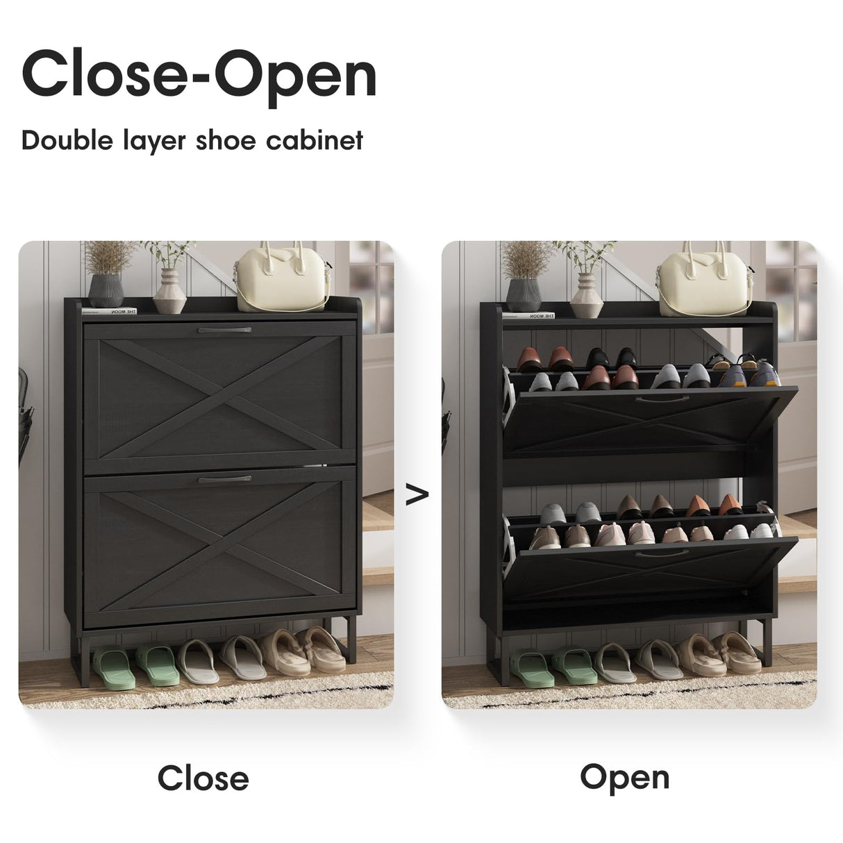 Maupvit Shoe Storage Cabinet with 2 Flip Drawers, Freestanding Organizer with Metal Legs for Entryway, Narrow Shoe Rack Cabinet, Black Maupvit