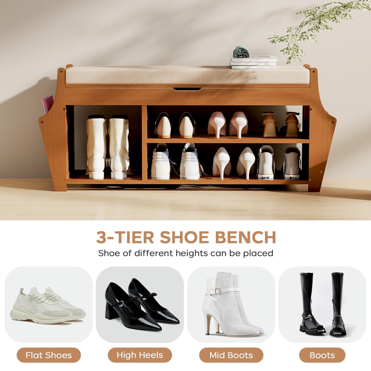 oakvivo 39.4in Shoe Bench with 2 Side Holder, 3 Tier Bamboo Entryway Bench with Storage, Shoe Rack Bench Organizer with Cushion for Entryway Hallway Living Room, Holds up to 330lbs oakvivo
