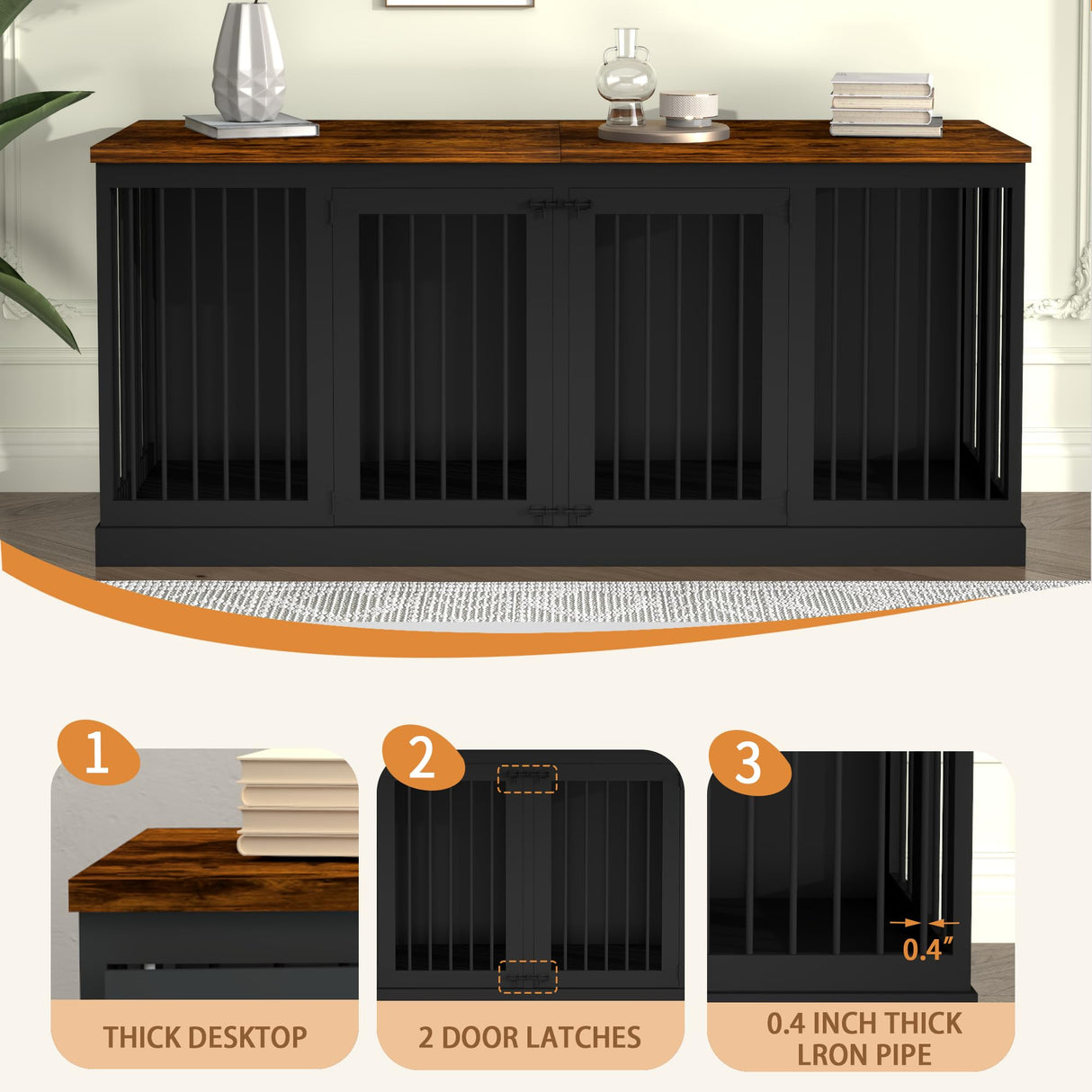 71 inches Extra Large Dog Crate Furniture Indoor Wooden Dog Kennel Furniture Heavy Duty Dog Crates TV Stand with Removable Divider for 2 Large Medium Small Dogs Black NEBZHASK