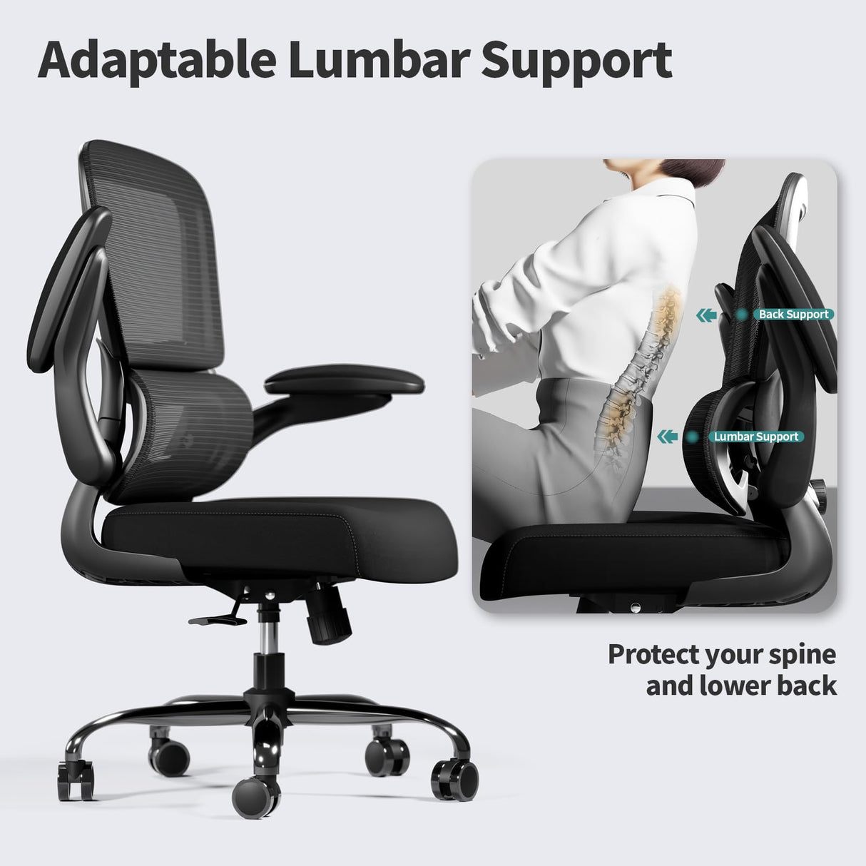 TRALT Office Chair - Ergonomic Desk Chair with Adjustable Lumbar Support, Mesh Computer Chair, Executive Chair for Home Office Comfortable Lumbar Support (Black) TRALT