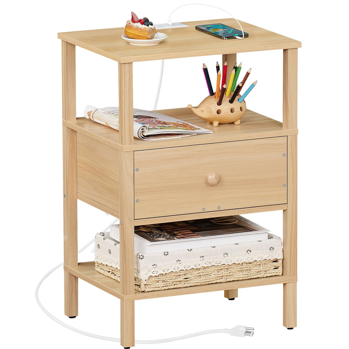 Lerliuo Nightstand with Charging Station and USB Ports, 3-Tier Storage End Table with Drawer Shelf, Night Stand for Small Spaces, Wood Bedside Table for Living Room, Bedroom - Natural Wood Lerliuo