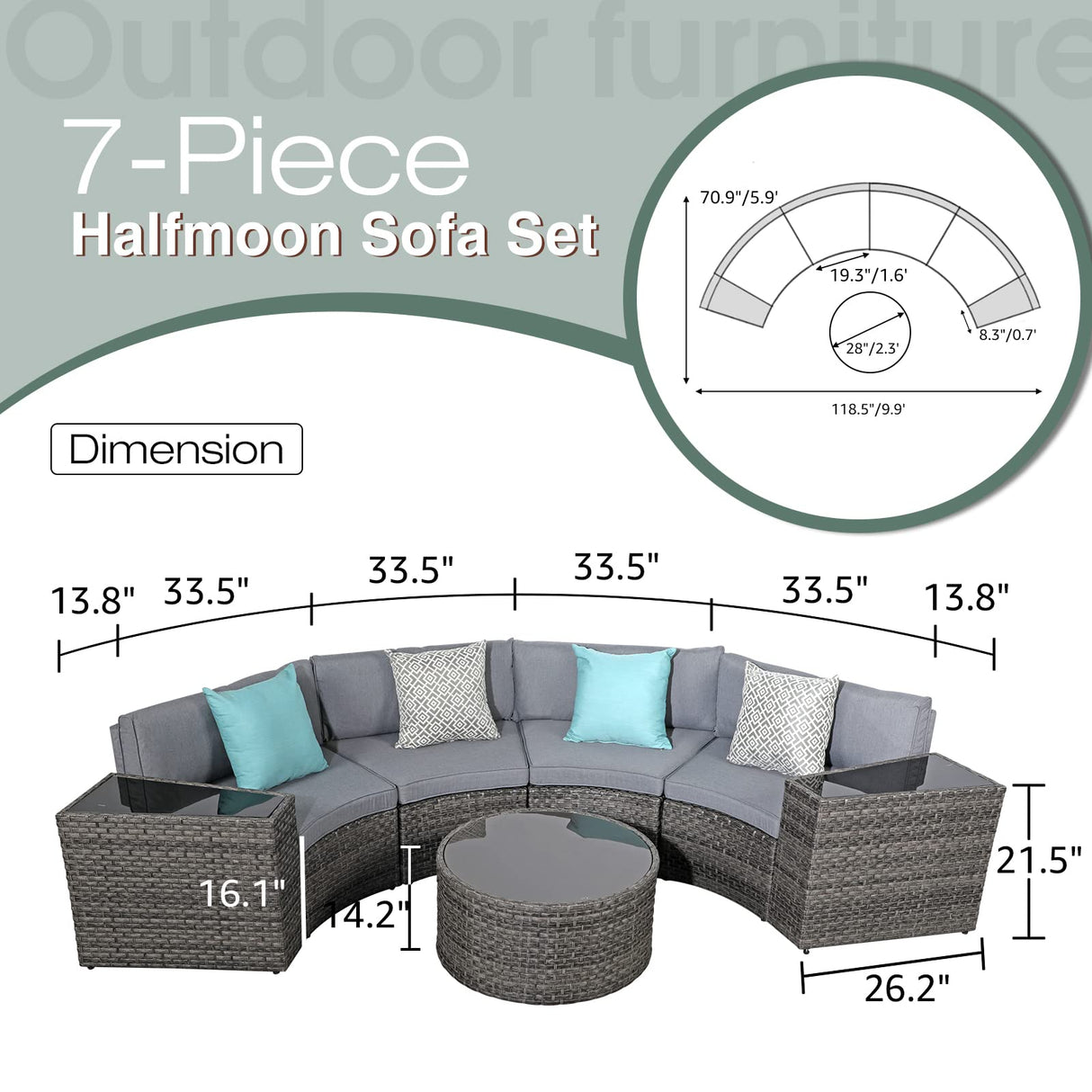 SUNSITT Outdoor Patio Furniture Sectional 7-Piece Half-Moon Curved Outdoor Sofa Set with Round Coffee Table, 4 Pillows & Waterproof Cover, Grey Rattan SUNSITT