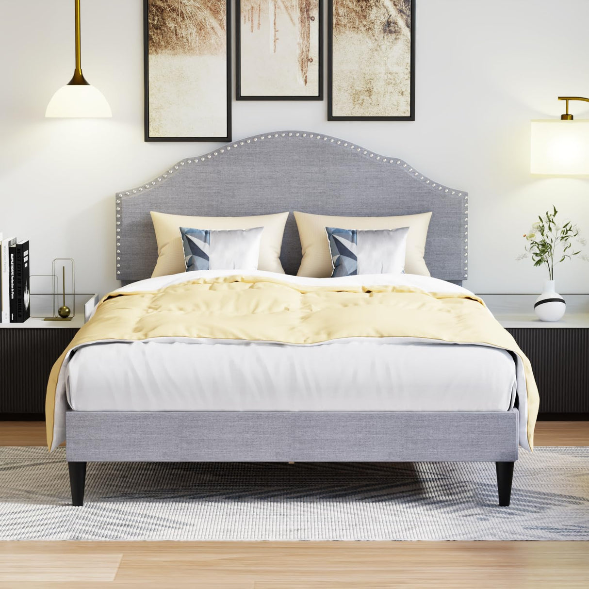 PayLessHere Queen Size Upholstered Platform Bed Frame Fully Upholstered with Fabric Headboard, Wooden Slats, No Box Spring Needed, Non-Slip & Noise-Free Design PayLessHere