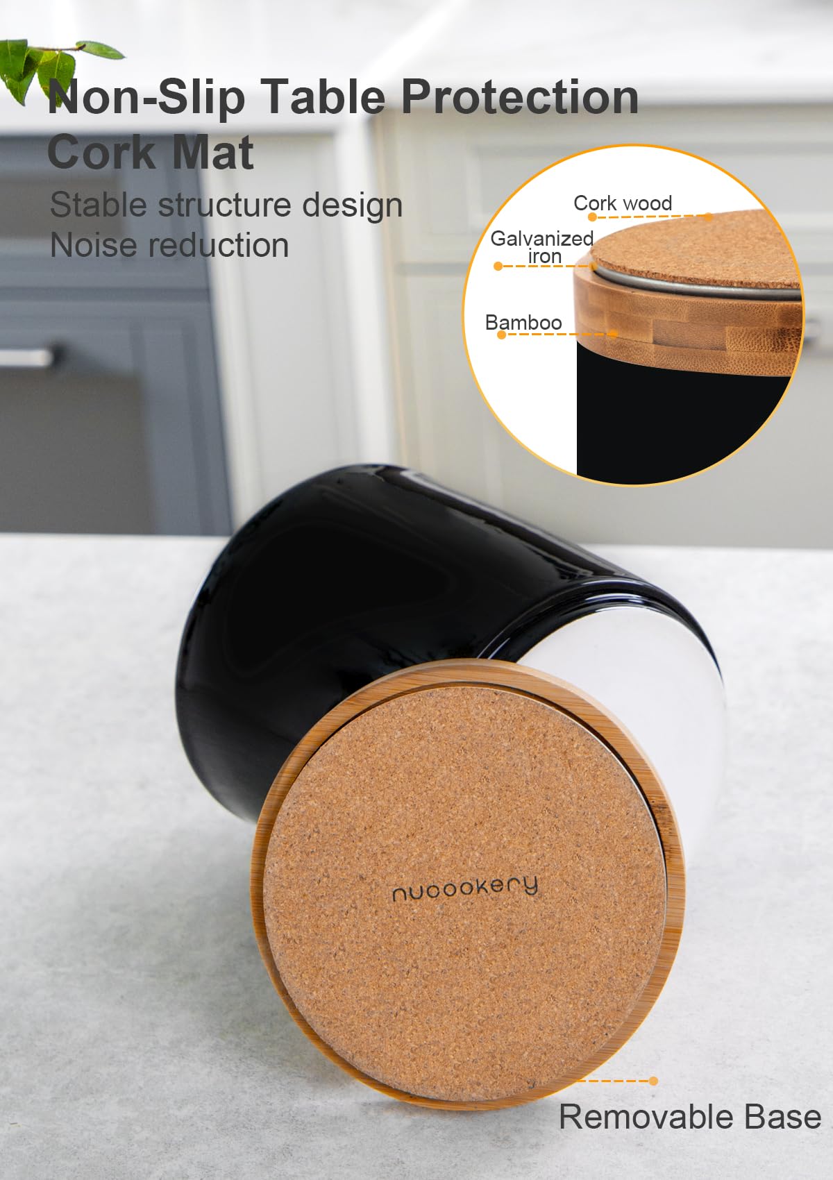 Nucookery 360° Rotating Utensil Holder, 7.2" Large Utensil Crock, White Ceramic Cooking Utensil Organizer with Countertop-Protection Cork Bottom for Farmhouse Kitchen Decor Gift (Black) Nucookery