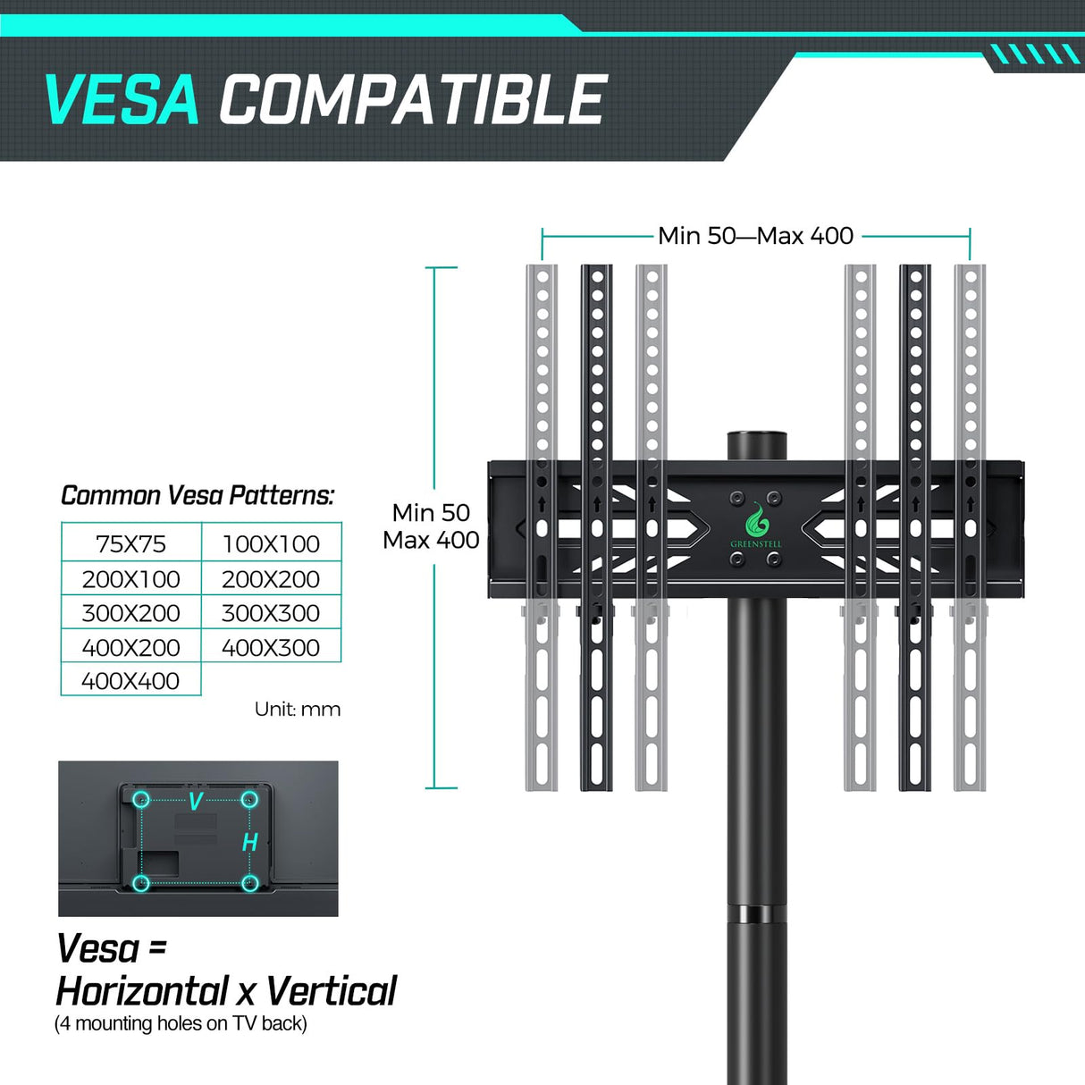 GREENSTELL TV Stand with Power Outlet, Mobile TV Cart on Wheels for 23-60 inch LED LCD Flat Curved Panel Screen TVs, up to 88 lbs, Height Adjustable Rolling TV Stand with AV Shelf, Max VESA 400x400mm GREENSTELL