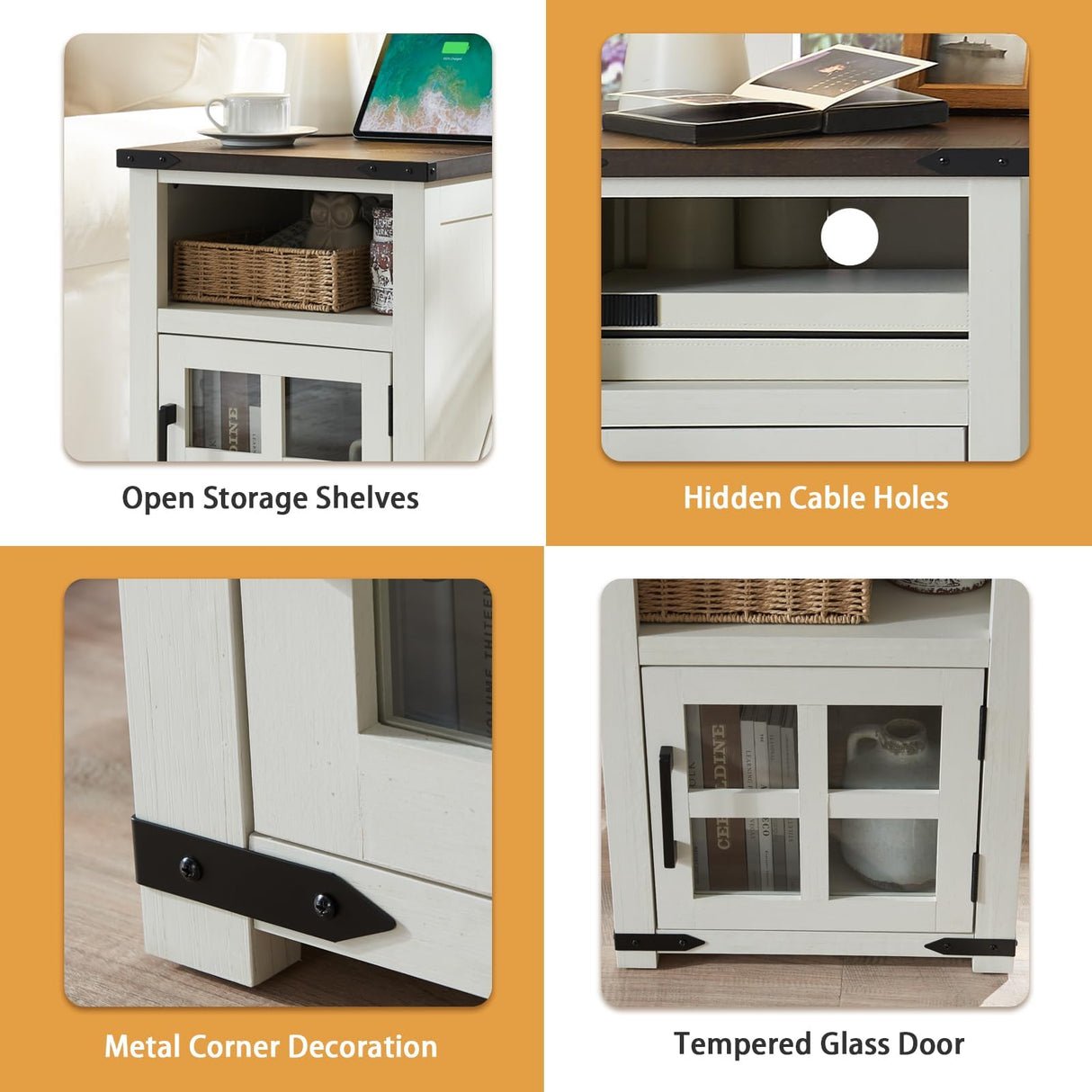 Barnyatoh Farmhouse Nightstand with Charging Station, Rustic End Table with Tempered Glass Barn Door, Wood Sofa Side Bedside Table with Open Storage Shelf for Living Room, Bedroom, White Barnyatoh