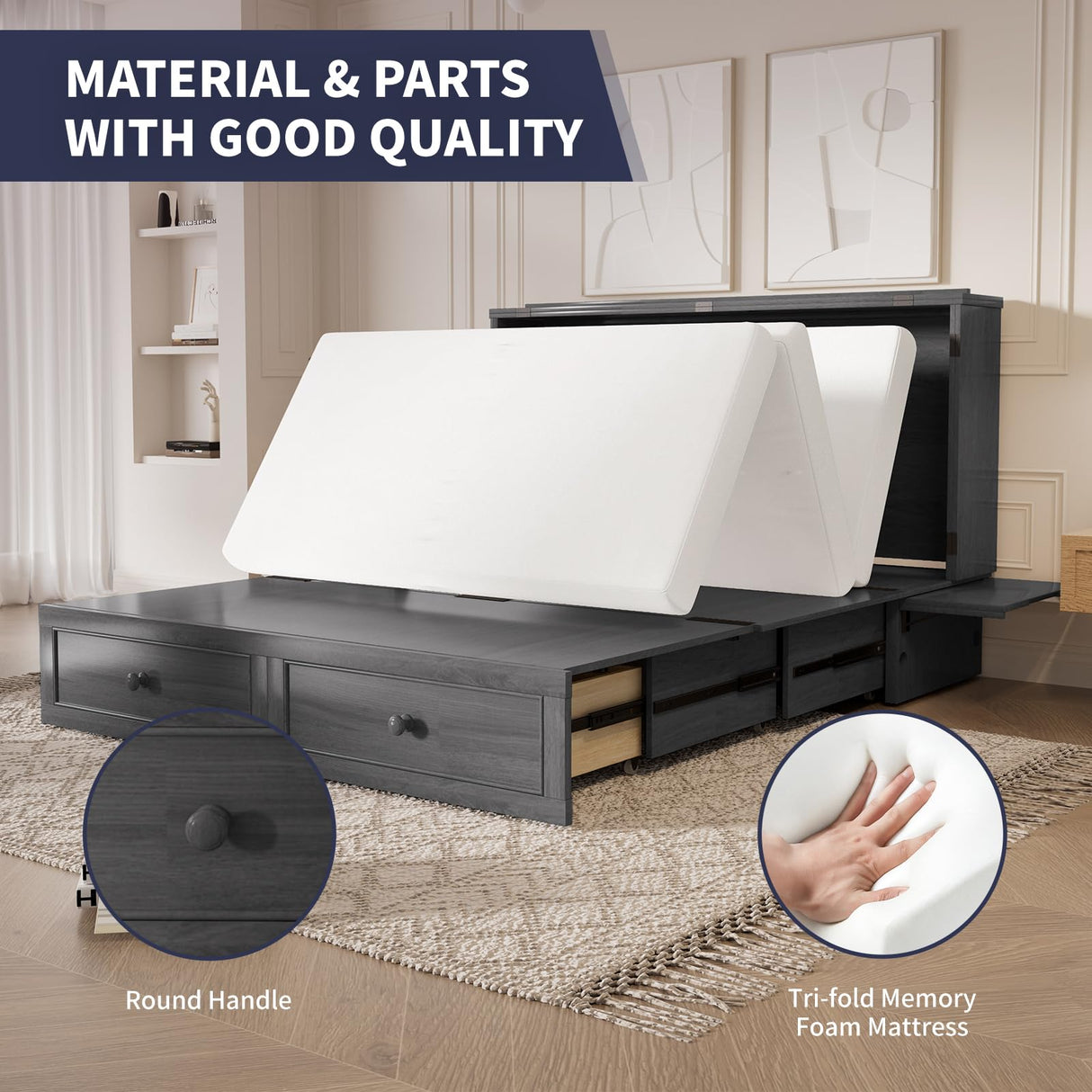 ijuicy Queen Murphy Bed with Foam Mattress, Modern Cabinet Bed with Charging Station & Storage Drawer, Bedroom Armoire (Grey) ijuicy