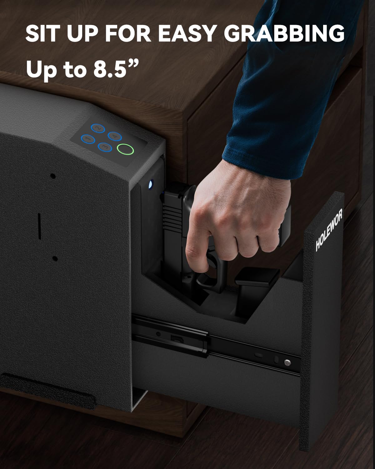 Gun Safe Biometric Pistol Safe Bedside Handgun Case, Slider Fingerprint 3 Ways Quick Access Mounted Gun Lock Box for Nightstand, Bed, Desk, Wall, Dresser HOLEWOR