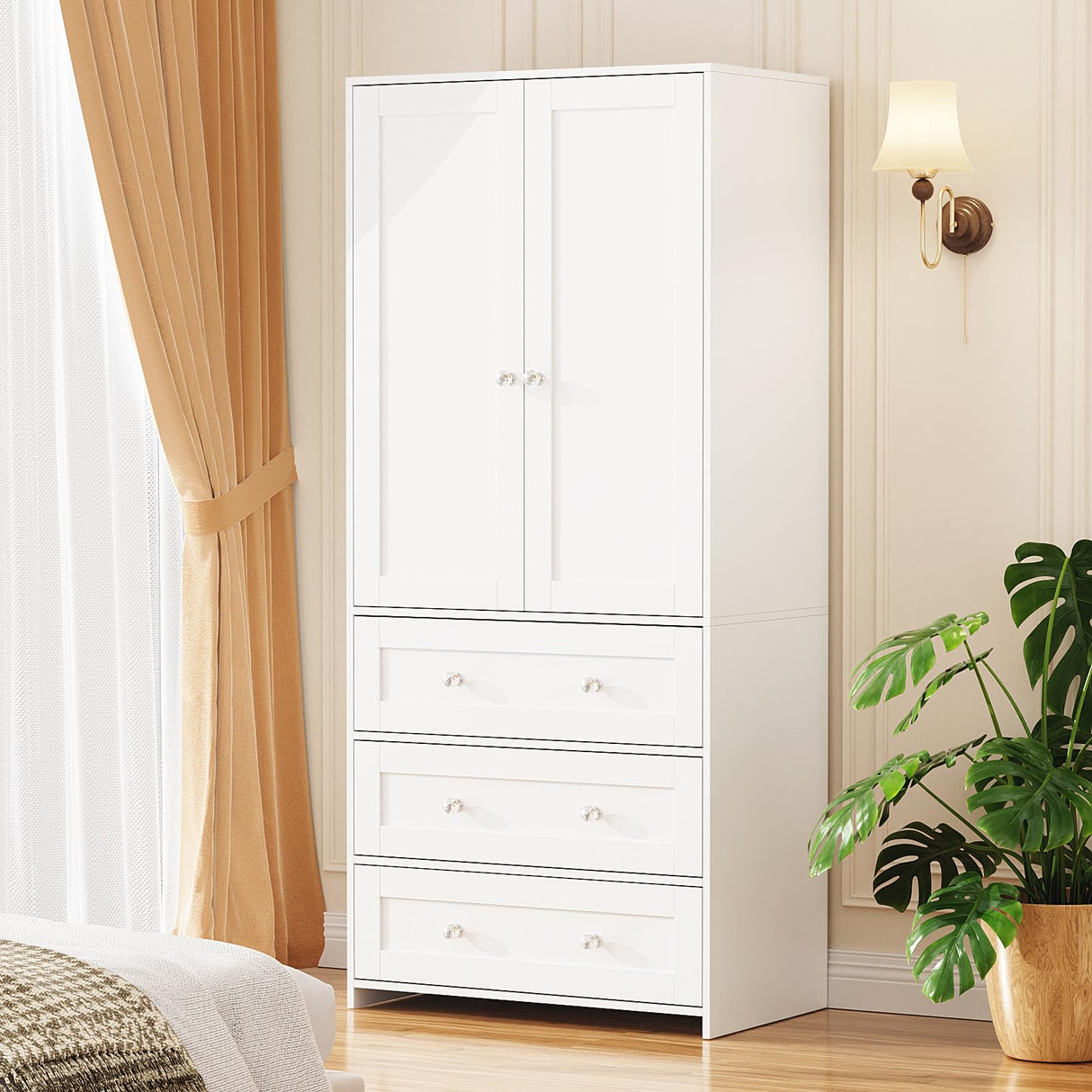VOWNER Armoire Wardrobe Closet with Drawers and Mirror, 71" Clothing Storage Cabinet with Hanging Rod, 2 Doors Wooden Wardrobe Cabinet for Bedroom, Large Capacity Storage, White VOWNER