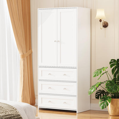 VOWNER Armoire Wardrobe Closet with Drawers and Mirror, 71" Clothing Storage Cabinet with Hanging Rod, 2 Doors Wooden Wardrobe Cabinet for Bedroom, Large Capacity Storage, White