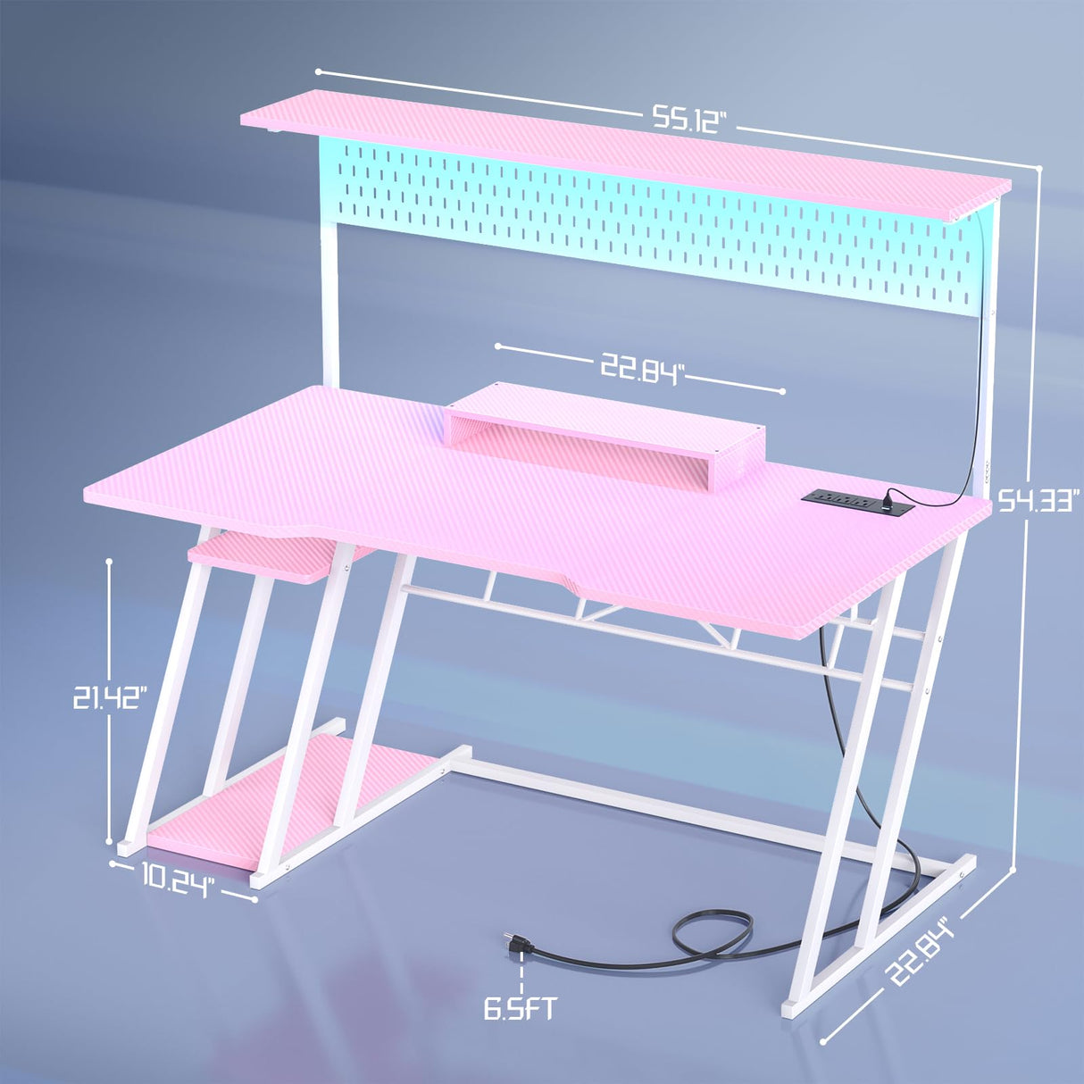 Pink Gaming Desk with Hutch and LED Lights, 55" Computer Desk with Storage Shelves, Reversible PC Gaming Desk with Pegboard, Gaming Table Gamer Desk for Bedroom, Carbon Fiber Pink armocity