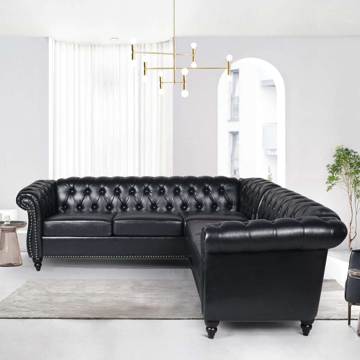 QHITTY L-Shaped Sofa, Sectional Chesterfield Leather Couch 5-Seater Upholstered Small Accent Tufted Sofa with Rolled Armrest and Nailhead Design for Living Room, Apartment, Office (Black) QHITTY