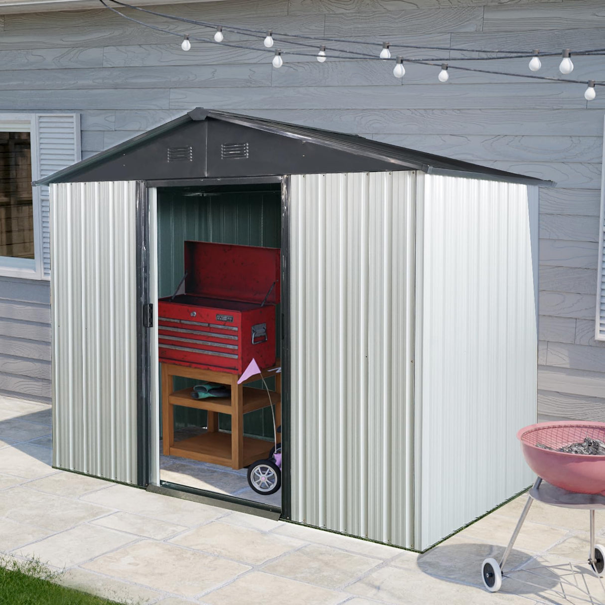HiHomely 8ft 4ft Outdoor Metal Storage Shed with Sliding Door & Foundation – Durable, Weather -, Lockable for, Tools & Equipment (White + Black) (1 Doors) HiHomely