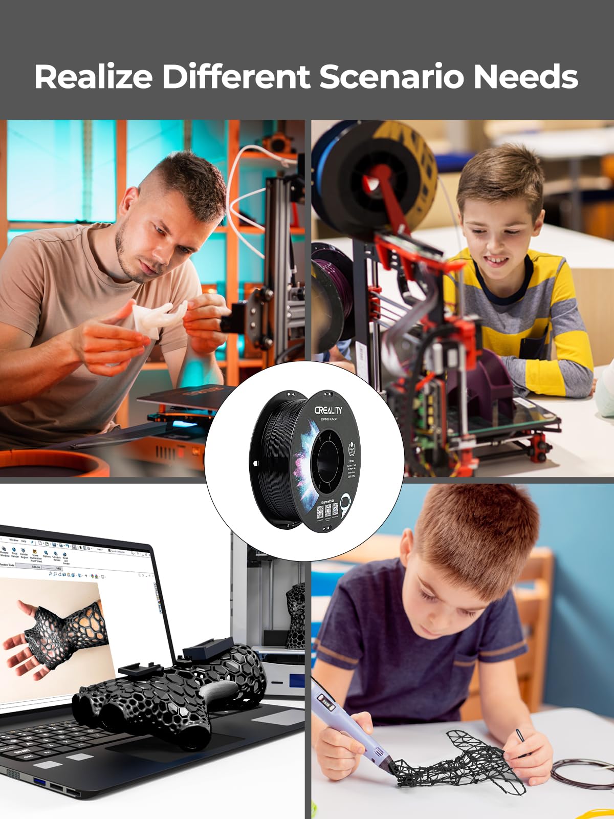 Creality 3D Printer Filament Bundle, PETG Filament 1.75mm Multicolor, Excellent Toughness High Precision, Odorless Non-Toxic Moistureproof, 1 kg X 4 Spools (Black, White, Gray, Transparent) Creality