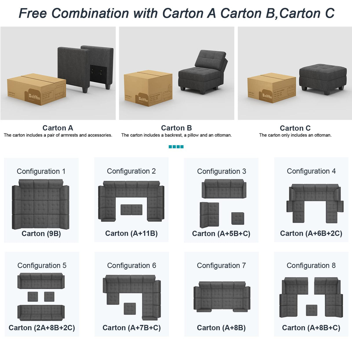 Belffin Modular Sectional Sofa with Storage Sectional Sleeper Couch Modular Sofa Bed for Living Room Dark Grey Belffin