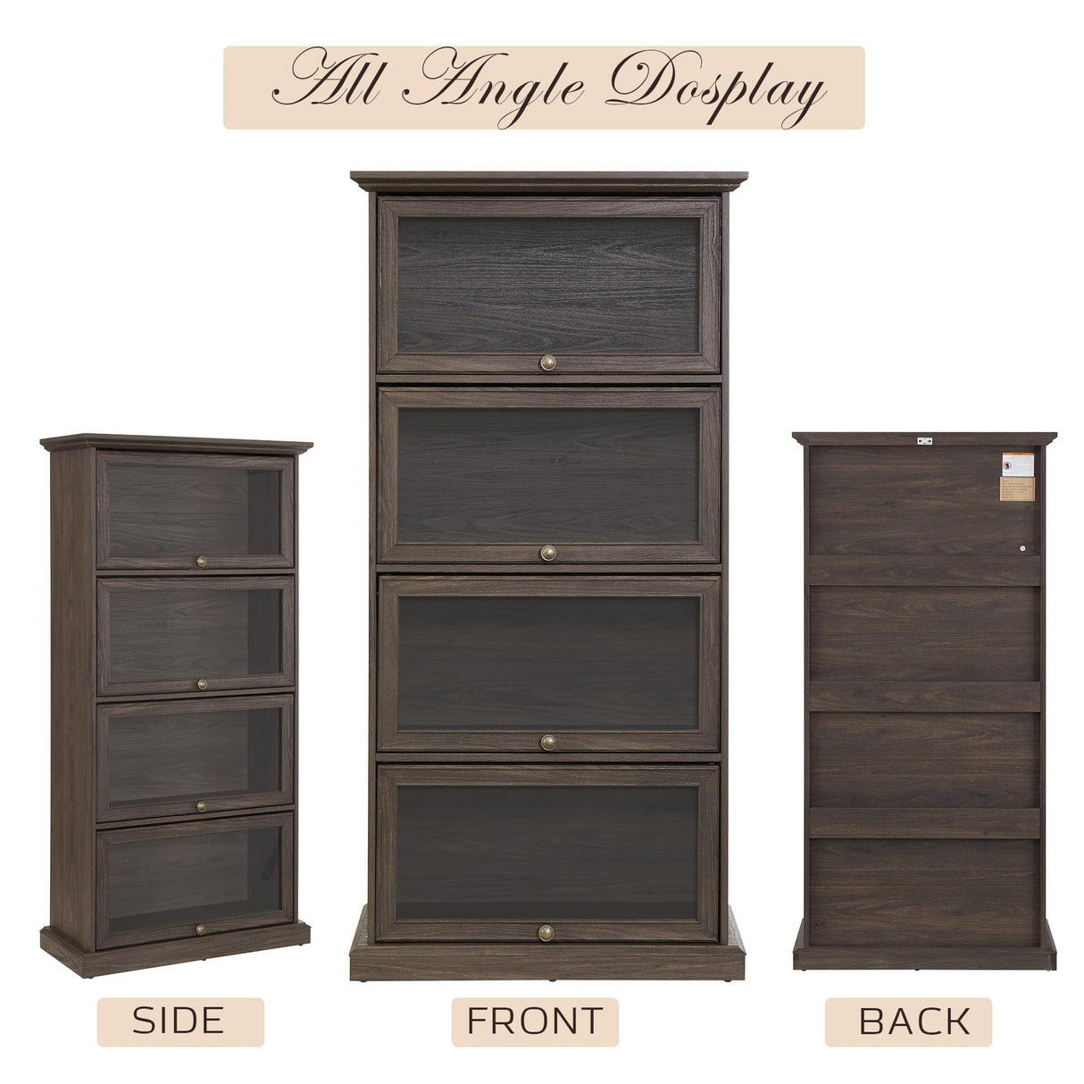 CKEASEAN Tall Bookcase with Glass Doors, 63" H Farmhouse Glass Curio Display Cabinet with Flip up Doors, Elegant Storage Cabinet with 4-Tier Shelves, Rack for Living Room (Brown) CKEASEAN