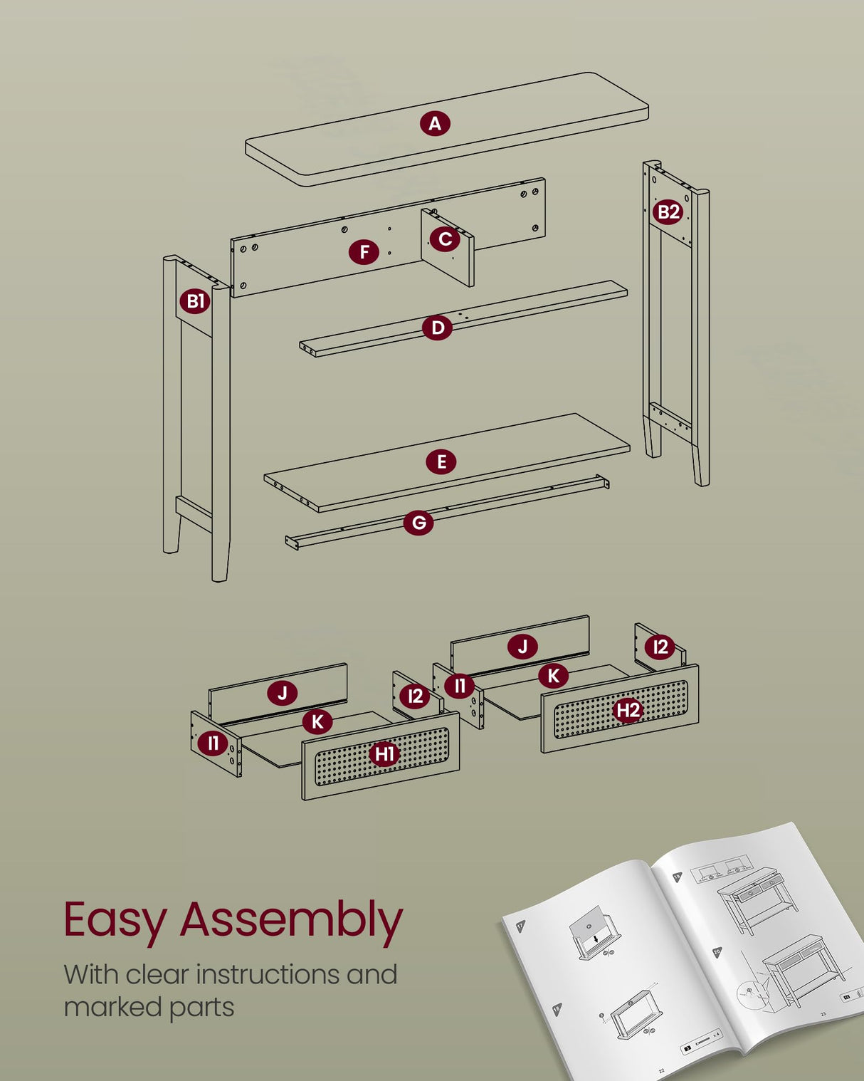 VASAGLE Console Table, Sofa Table, Narrow Entryway Table, Entry Table with 2 Drawers, Open Storage Shelf, Rounded Corners, for Living Room, Boho Style, Ash Black ULNT016B21 VASAGLE