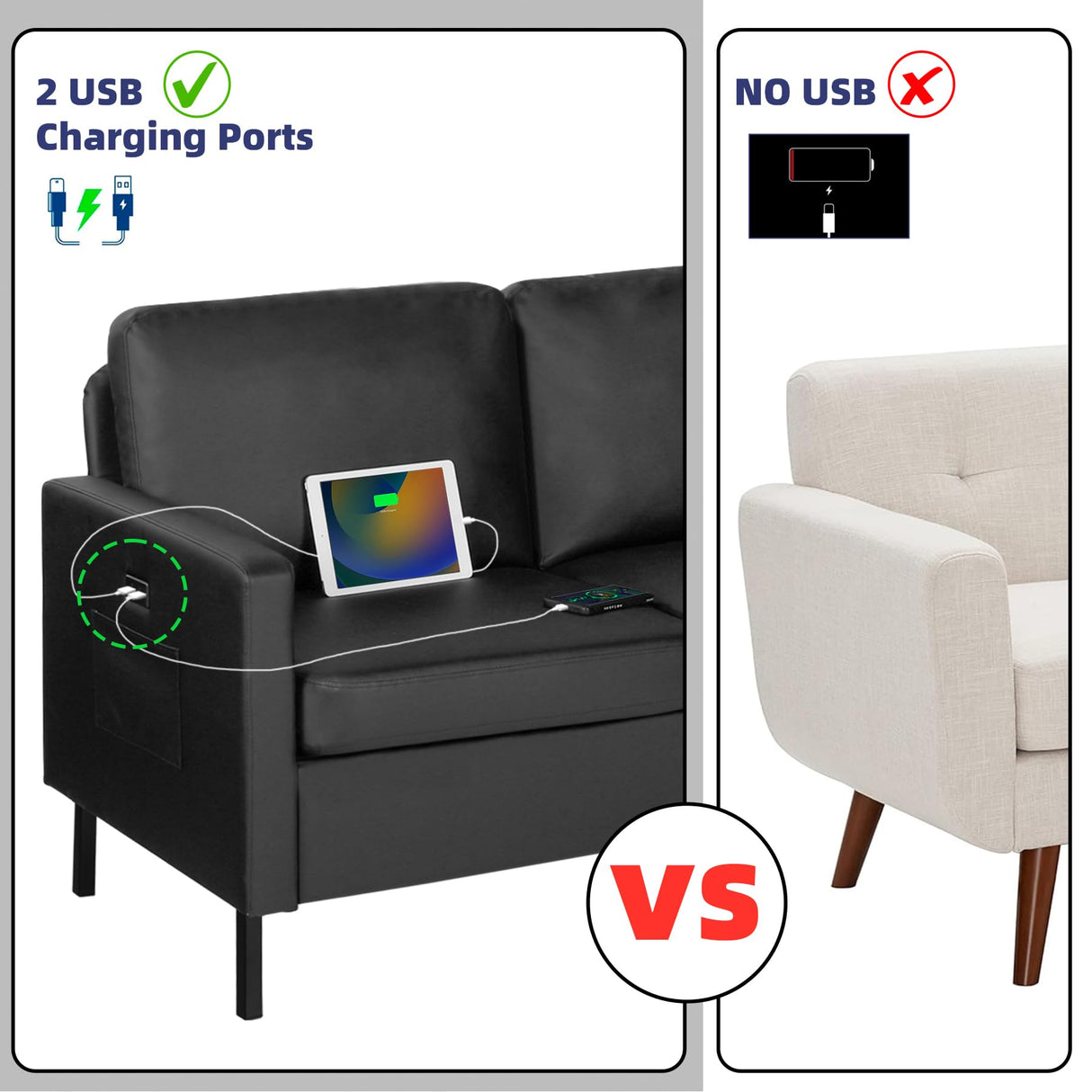 STHOUYN 72" W Faux Leather Black Sofa 3 Seat Couch, Modern Comfy Couch with 2 USB, Small Couches for Living Room Apartment Bedroom Small Spaces, Office Couch (Black (Sofa)) STHOUYN