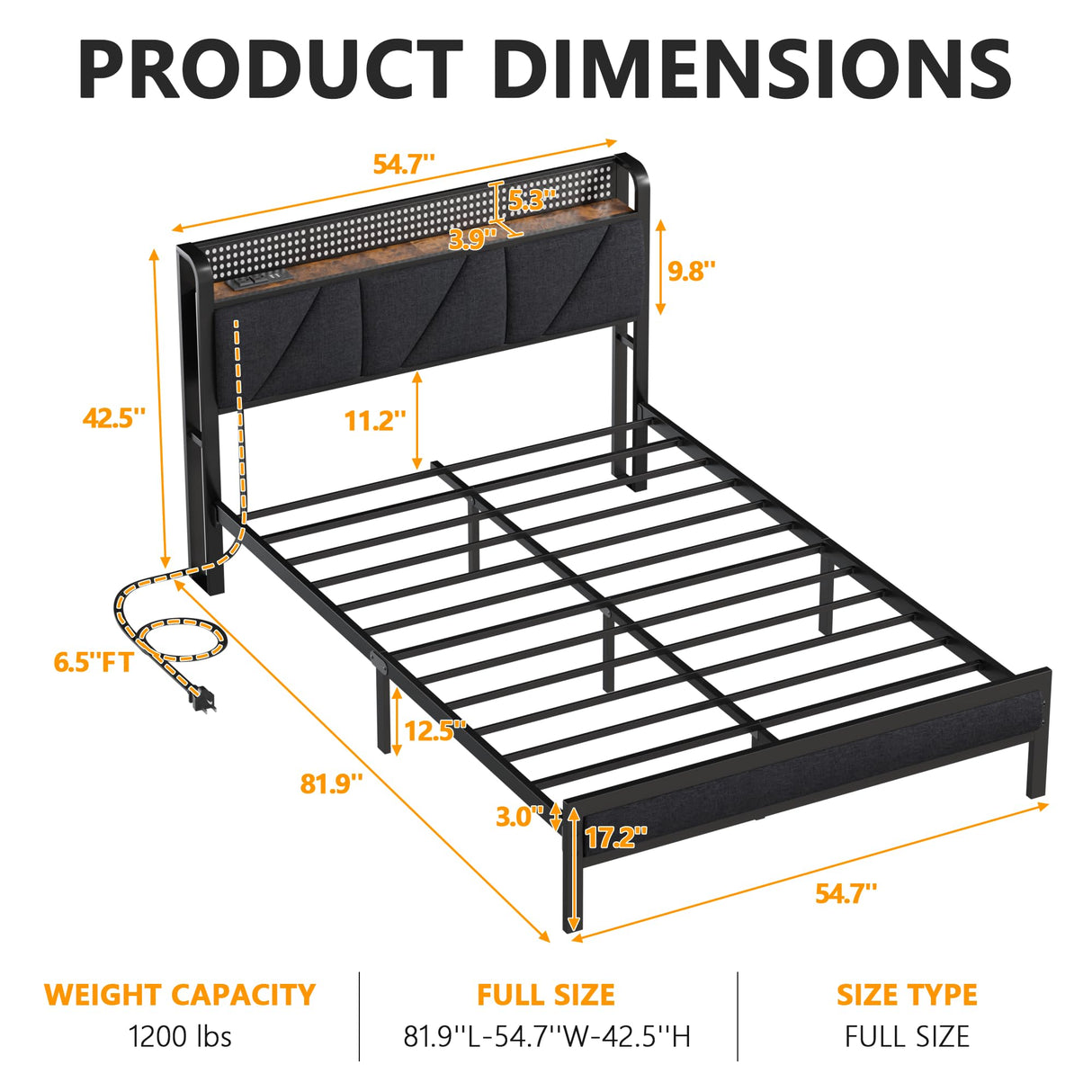 Furnulem Full Bed Frame with LED Lights,Headboard with Charging Station and USB Port,Upholstered Platform Bedframe Metal Support,No Box Spring Needed (Full) Furnulem