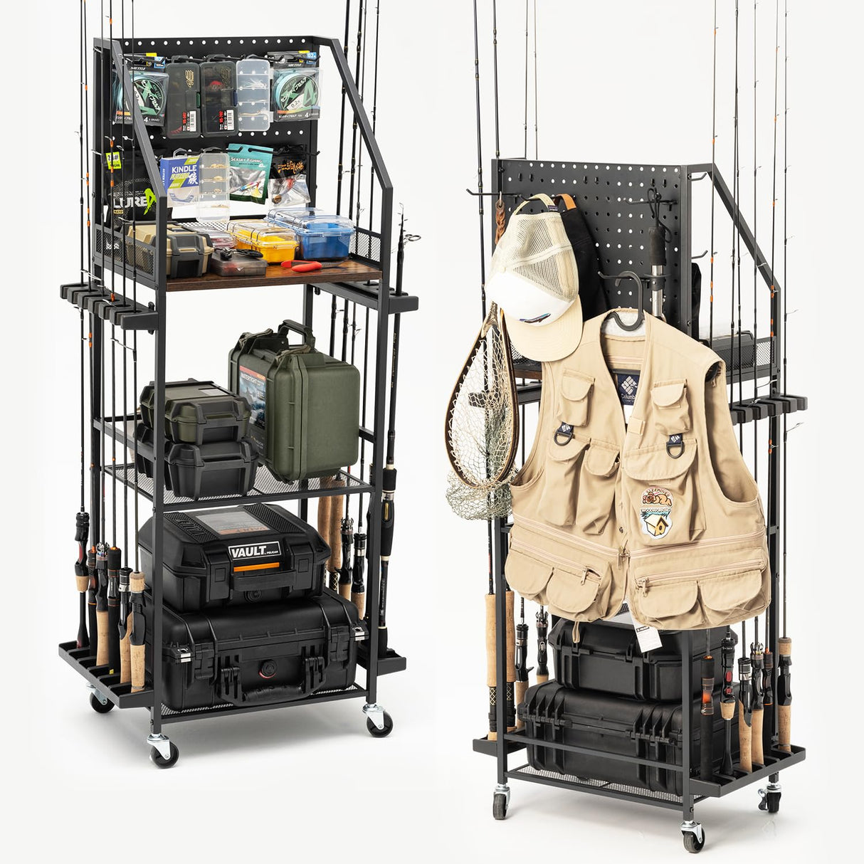 SOYEEZE Fishing Rod Holders for Garage with Pegboard and Lockable Wheels, 3-Tier Fishing Pole Rack with 10 Hooks, Fishing Gear Tackle Box Organizer Up to 12 Rods, Rolling Fishing Storage Cart SOYEEZE