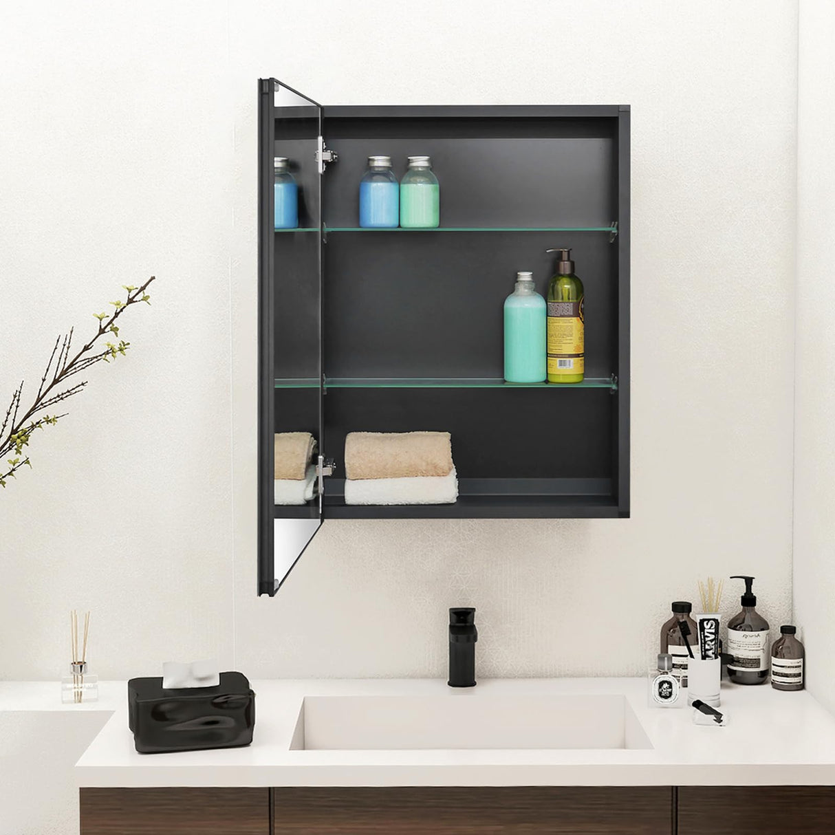Fundin Medicine Cabinet 20 x 26 inches Mirror Size, Recessed or Surface Mount, Black Aluminum Bathroom Wall Cabinet with Mirror and Adjustable Shelves. Fundin