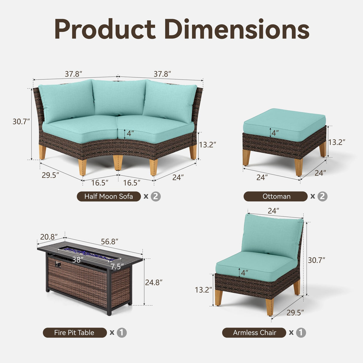 GREEN PARTY 7 Pieces Wicker Patio Furniture Set with 56" Fire Pit Table, All-Weather Outdoor Rattan Patio Half-Moon Curved Sectional Sofa Conversation Set with 4" Thick Cushions for Backyard (Blue) GREEN PARTY