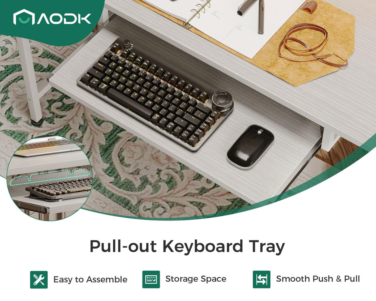 AODK 48" Computer Desk with Fabric File Cabinet and Drawer, Reversible Office Desk with Power Outlet and LED Light, Study Desk with Printer Stand, Keyboard Tray, Full Monitor Riser and PC Stand, White AODK