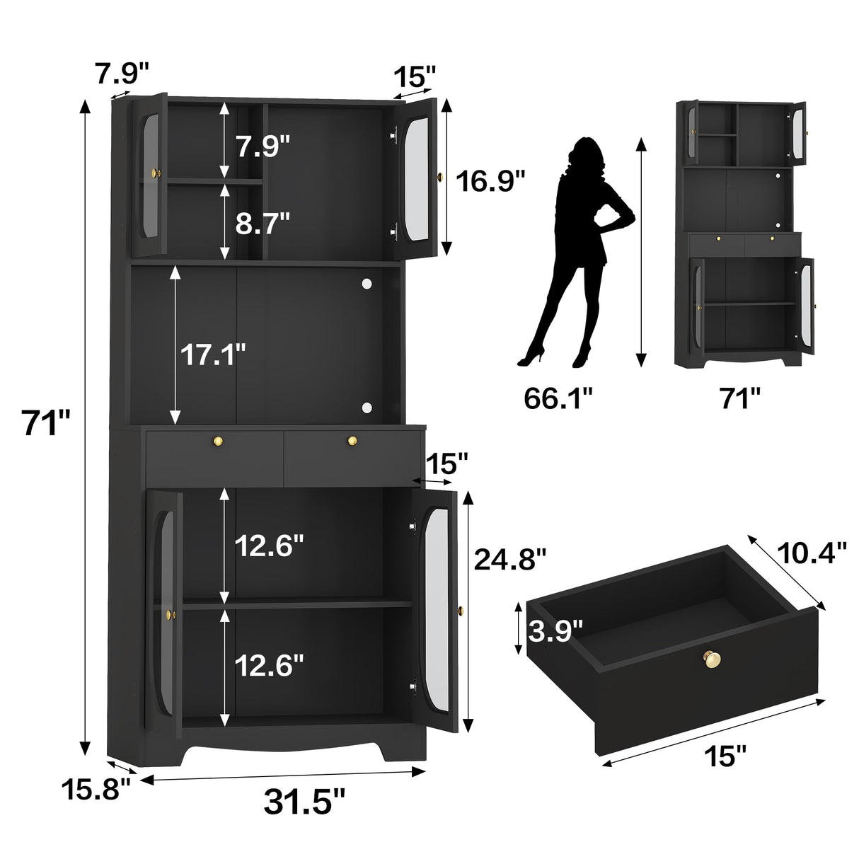 71" Black Kitchen Pantry Storage Cabinet with Lights and Charging Station, Tall Hutch Cabinet with Storage and Microwave Shelf for Dining Room spanspace