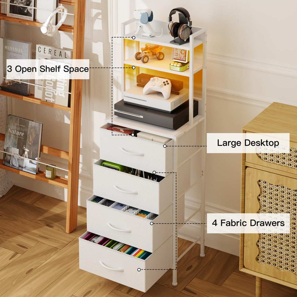 Fixwal 47 Inch Tall Nightstand with Charging Station, Led Night Stand with Socket, 4 PU Finished Fabric Storage Drawers, Office, Bedside Table & Bookshelf in One, White Fixwal