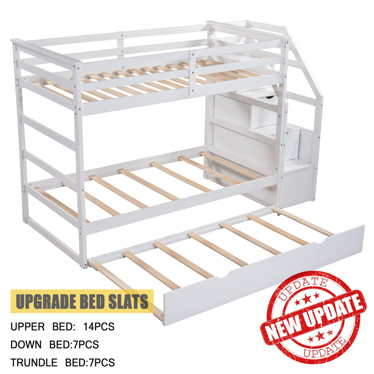 Harper & Bright Designs Bunk Beds Twin Over Twin with Trundle, Wood Twin Over Twin Bunk Bed with Stairs, Twin Bunk Beds with High Length Guardrail for Kids Teens Adults, White Harper & Bright Designs