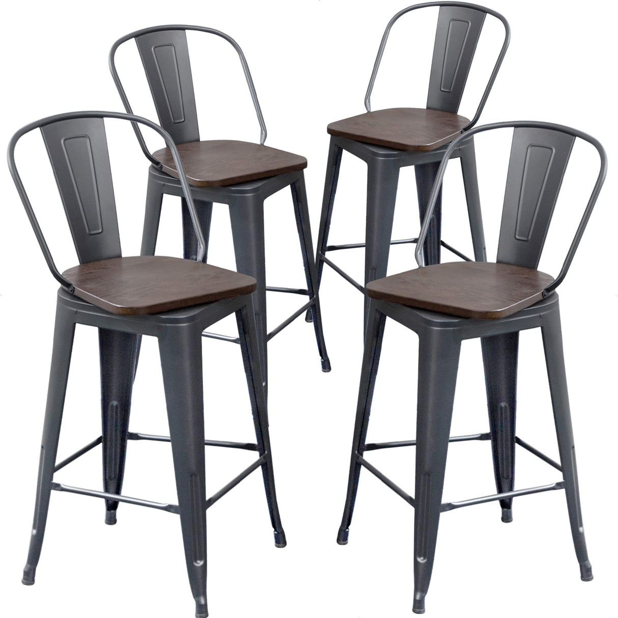 Aklaus Swivel Metal Bar Stools Set of 4 Counter Height Stools Counter Bar Stools with Back Swivel Metal Bar Chairs Wooded Seat 26 Inch Matte Black barstools Aklaus