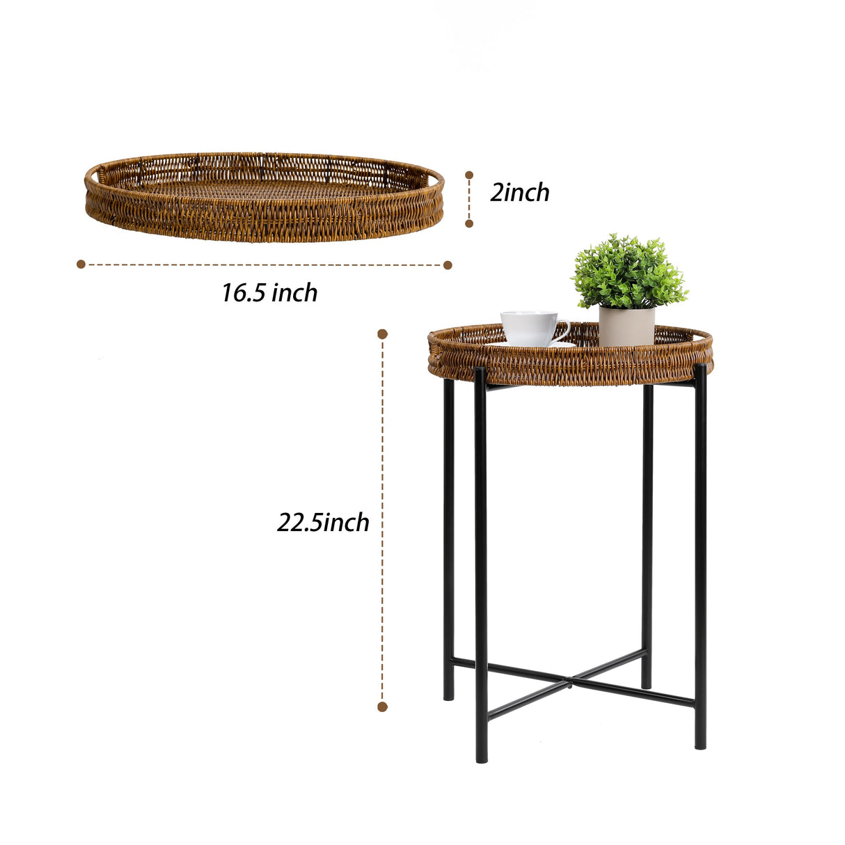 Small Wicker Round End Table, 16.5 in Rattan End Tables with Removable Tray, Waterproof Sofa Coffee Side Table, Indoor Outdoor Side Tables for Patio, Living Room Bedroom Office DINGTAI