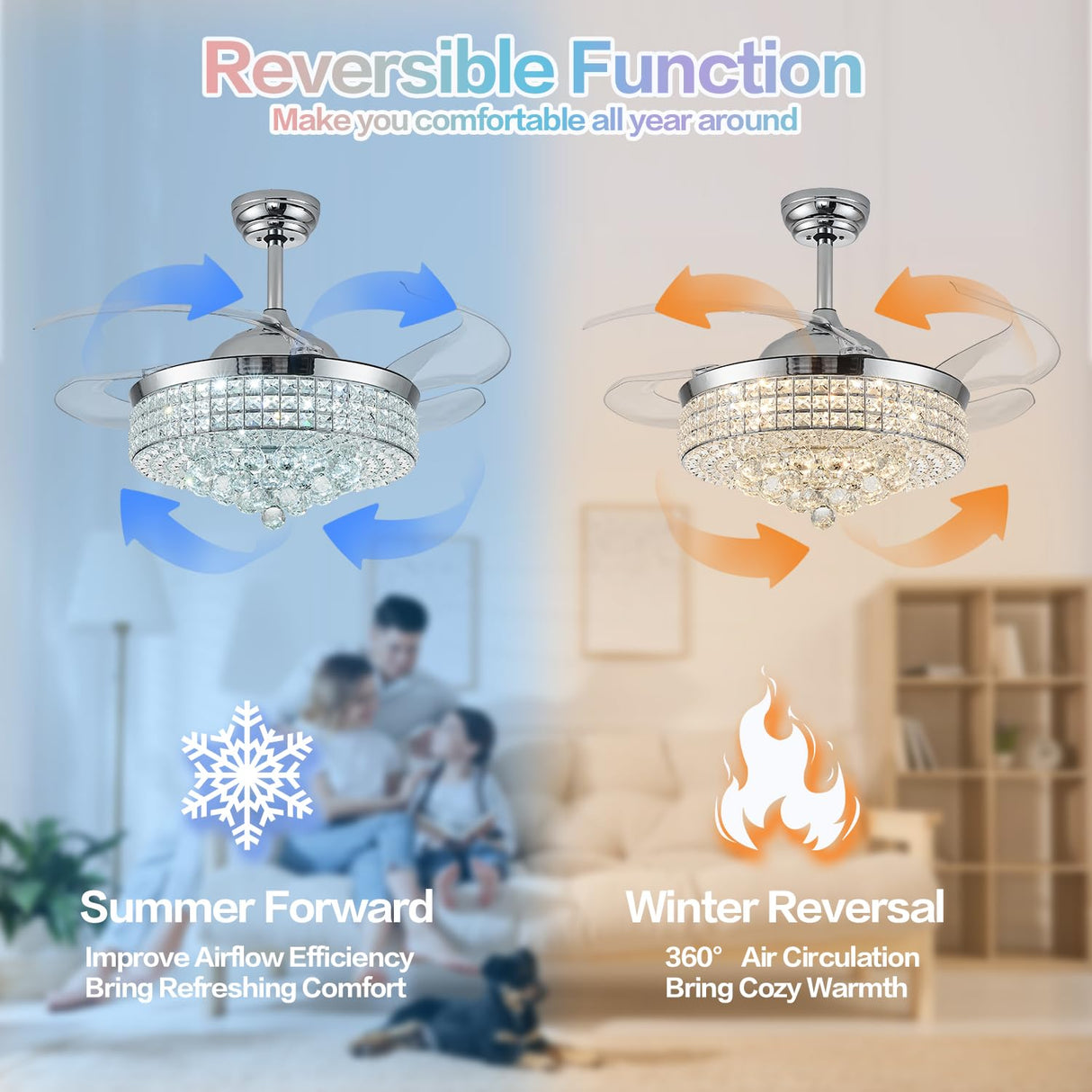 Zynfandor 48" Bluetooth Ceiling Fan with Light and Speaker,RGB Retractable Blades Crystal Fandelier Music Player LED Chandelier 6-Speed APP Control Timer Remote Control for Bedroom Silver Zynfandor