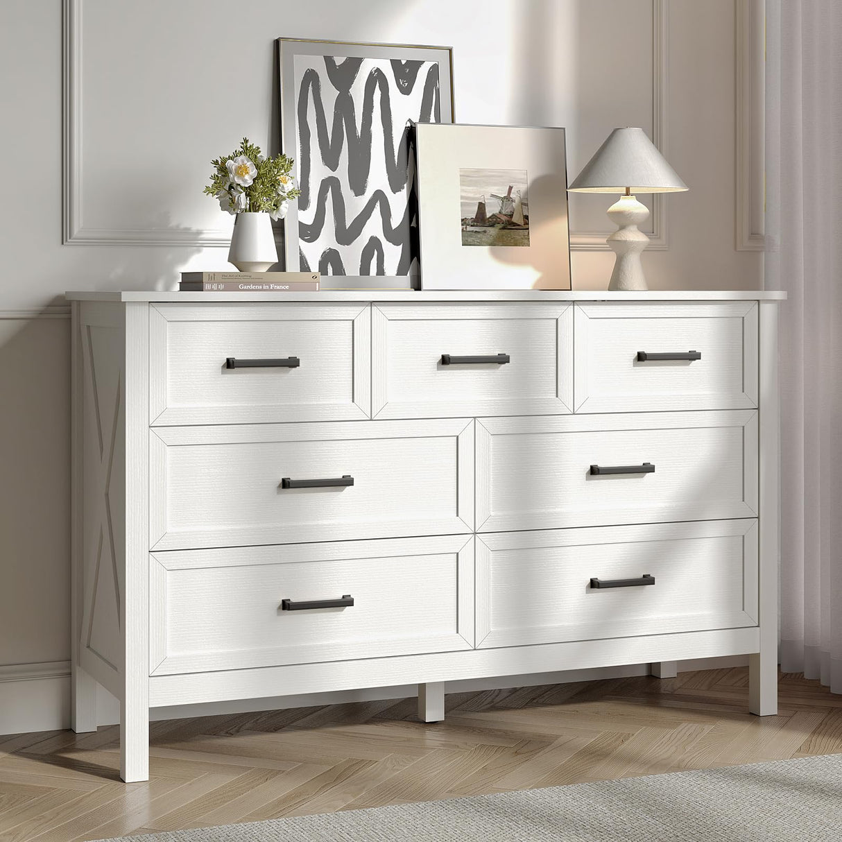 BAZELOR Farmhouse 7 Drawers Dresser for Bedroom, Wood Rustic Wide Chest with Metal Handles, Storage Dressers Organizer for Bedroom, Hallway, Entryway, White BAZELOR