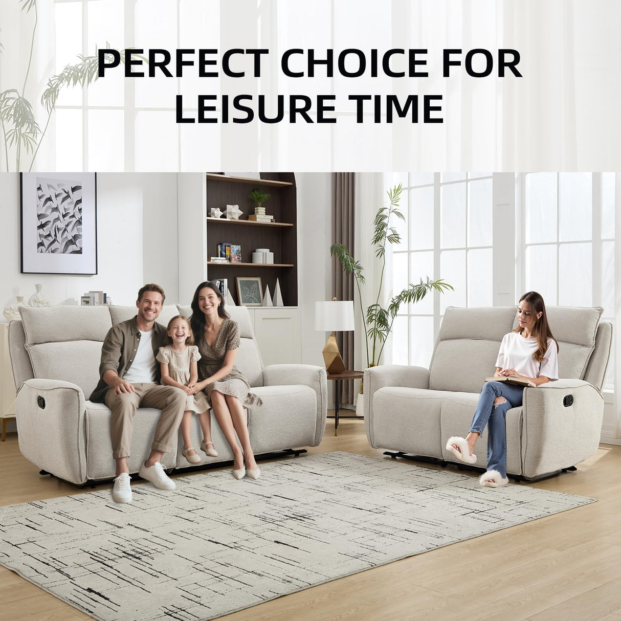 INZOY Manual Loveseat Recliner Sofa Set, Wall-Hugger Reclining Living Room Furniture Set, Chenille 2-Seater Recliner Chair and 3-Seat Reclining Sofa Couches for Office, Villa, Beige,2+3 INZOY