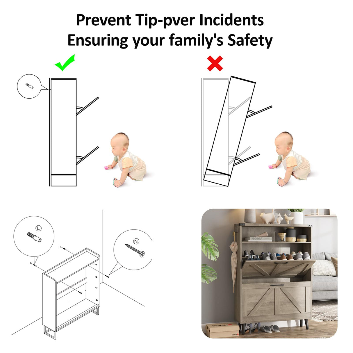 Halitaa Shoe Cabinet with 2 Flip Drawers,Shoe Storage Cabinet for Entryway,Freestanding Shoe Cabinet Organizer with Open Storage,Narrow Farmhouse Shoe Rack with Legs,Grey Halitaa