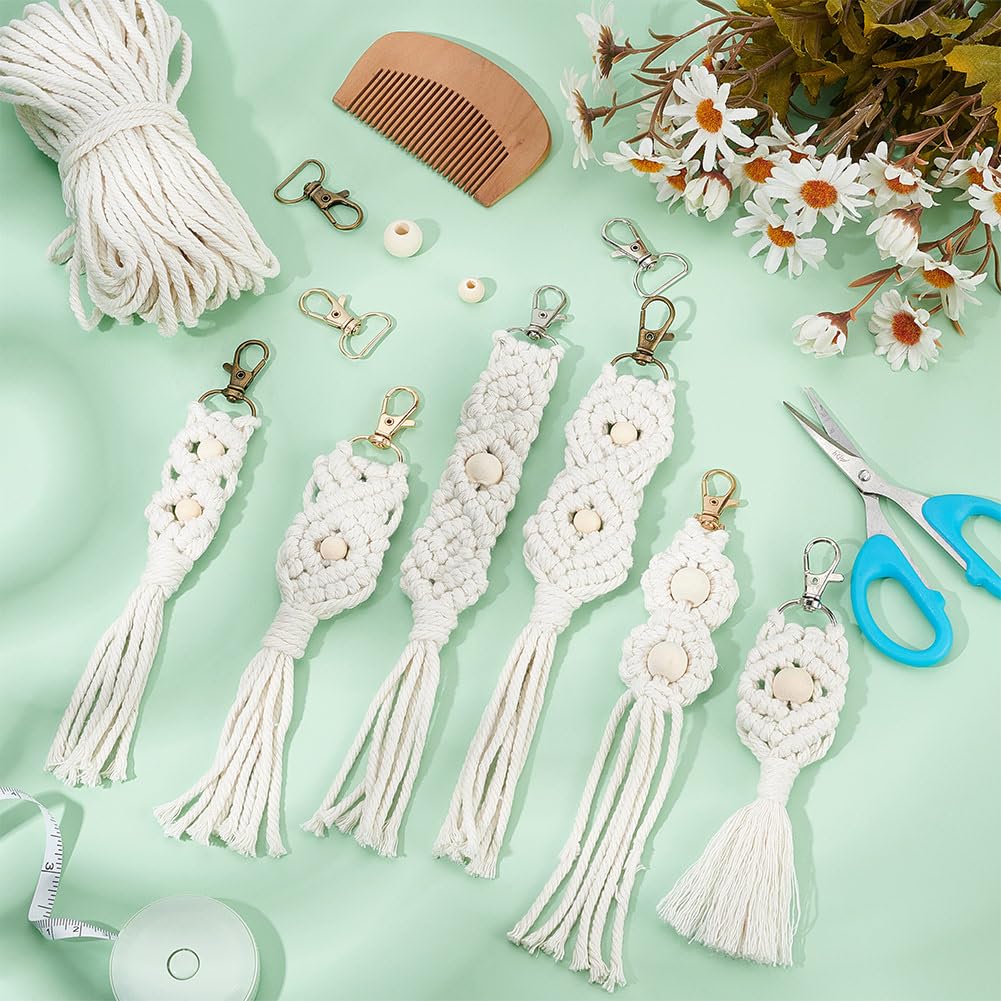 INFUNLY 6PCS Boho White Macrame Keychain Kit Adult DIY Keychain Making Kit Wood Beaded Keychains with Tassel Key Ring for Women for Key Handbags Backpacks Instructions Include INFUNLY