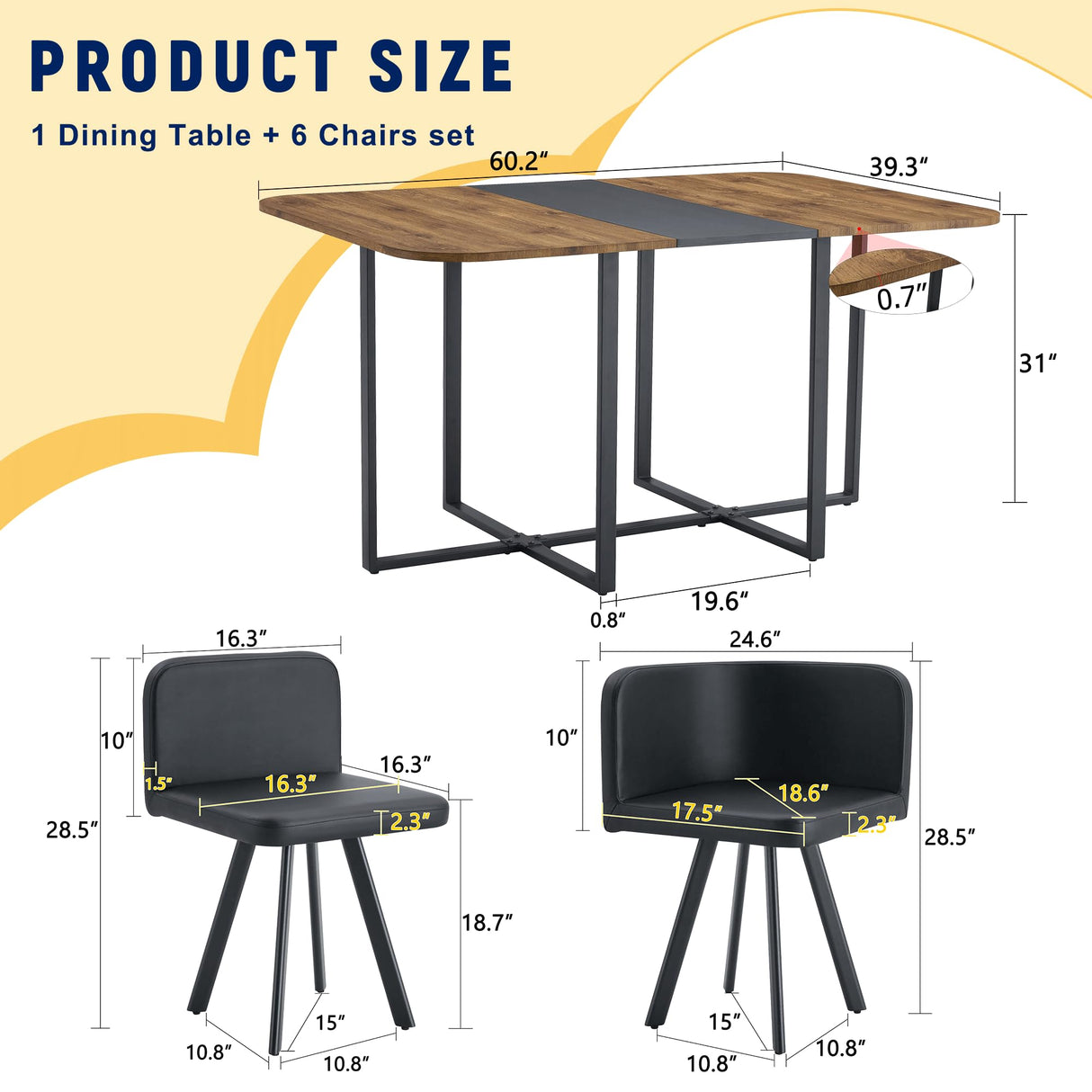 Rejeke 7-Piece Dining Table Set for 6,Modern Dining Table Set for 6 with Cushioned Chairs,60" Wood Kitchen Table Set for Home, Apartment,Office,Conference Room,Small Spaces, Space-Saving Rejeke