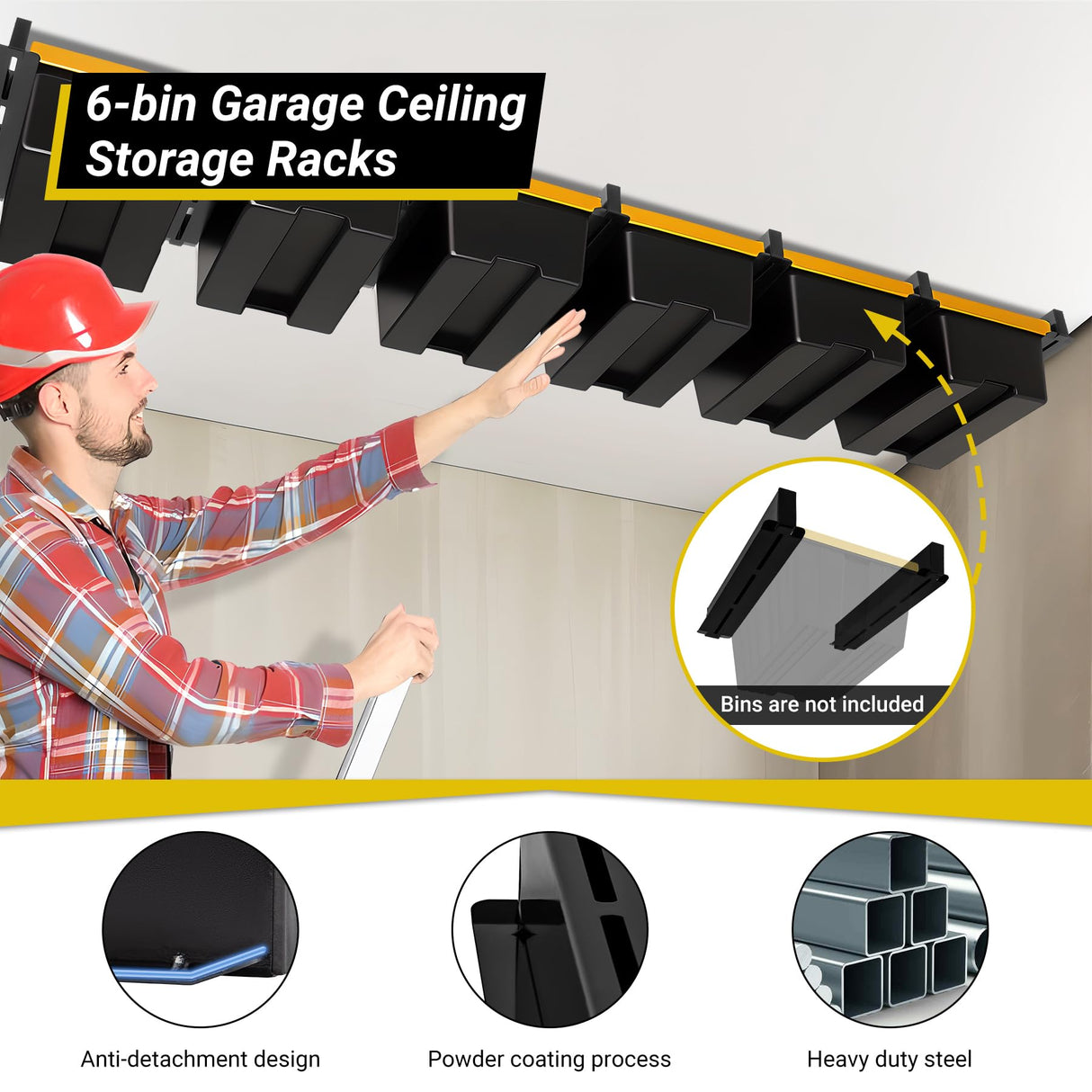 Eastrexon 6-bin Overhead Garage Storage Rack, Ceiling Storage Racks Heavy Duty, Powder Coated Tote Storage Rack for Garages, Sheds, Storerooms (7 PCS, for 6 Bins) Eastrexon