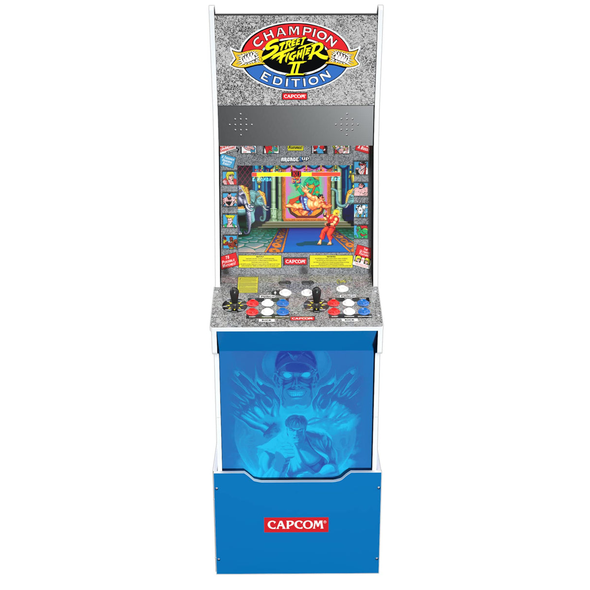 Arcade1Up Street Fighter II Champion Edition Big Blue Cabinet Style Arcade Machine w/ 12 Games, Coinless Operation, Light-Up Marquee, WiFi, and Stool ARCADE1UP