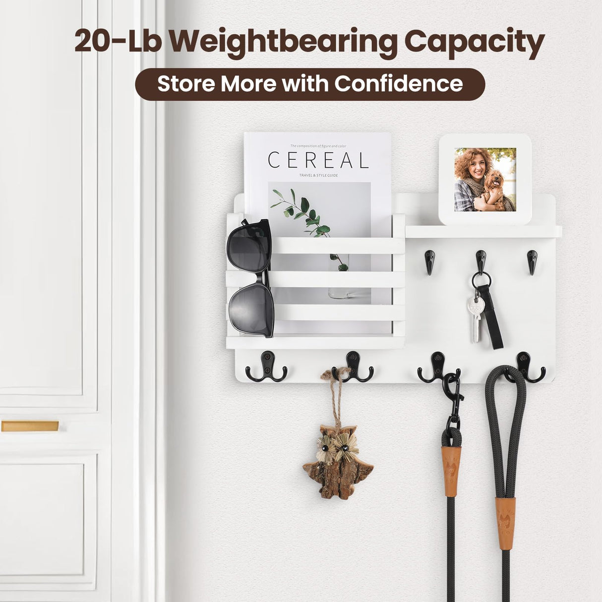 Nekon Mail Holder for Wall Mail Organizer with Key Hooks Hallway Farmhouse Decor Letter Sorter Made of Natural Wood with Floating Shelf and Flush Mount Hardware (16.8Inch x 10Inch x 3.2Inch) Nekon