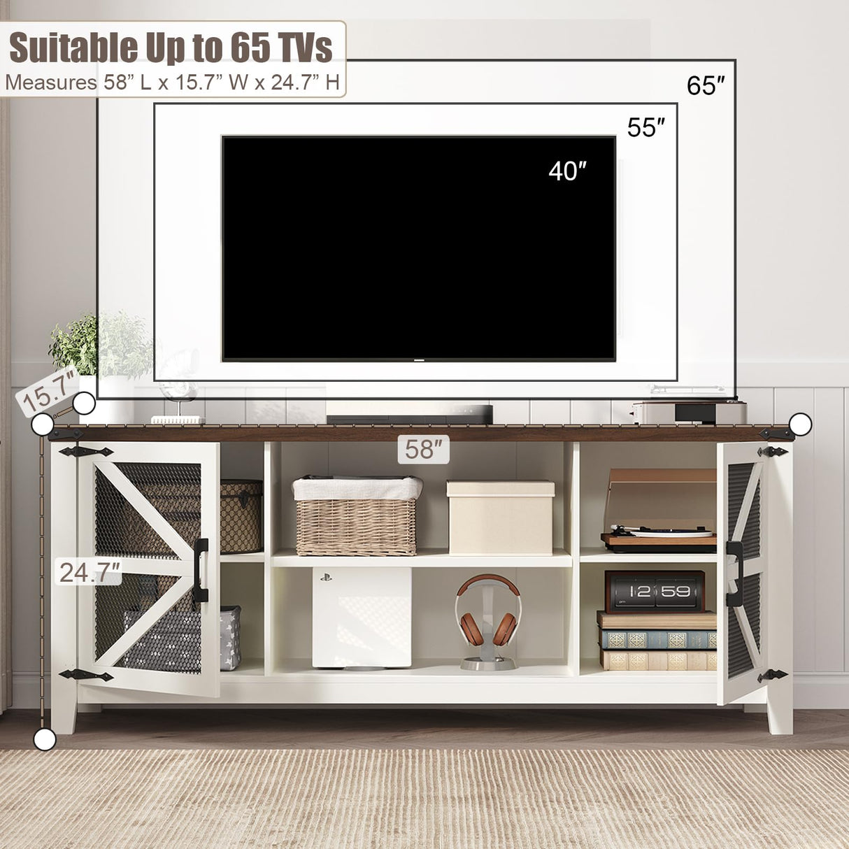 TV Stand for 65 Inch TV, Farmhouse Entertainment Center with Storage and Shelves, Industrial TV Stand with Mesh Door, White TV Media Console Cabinet Furniture for Living Room, Bedroom (White, 58 Inch) Jocoevol